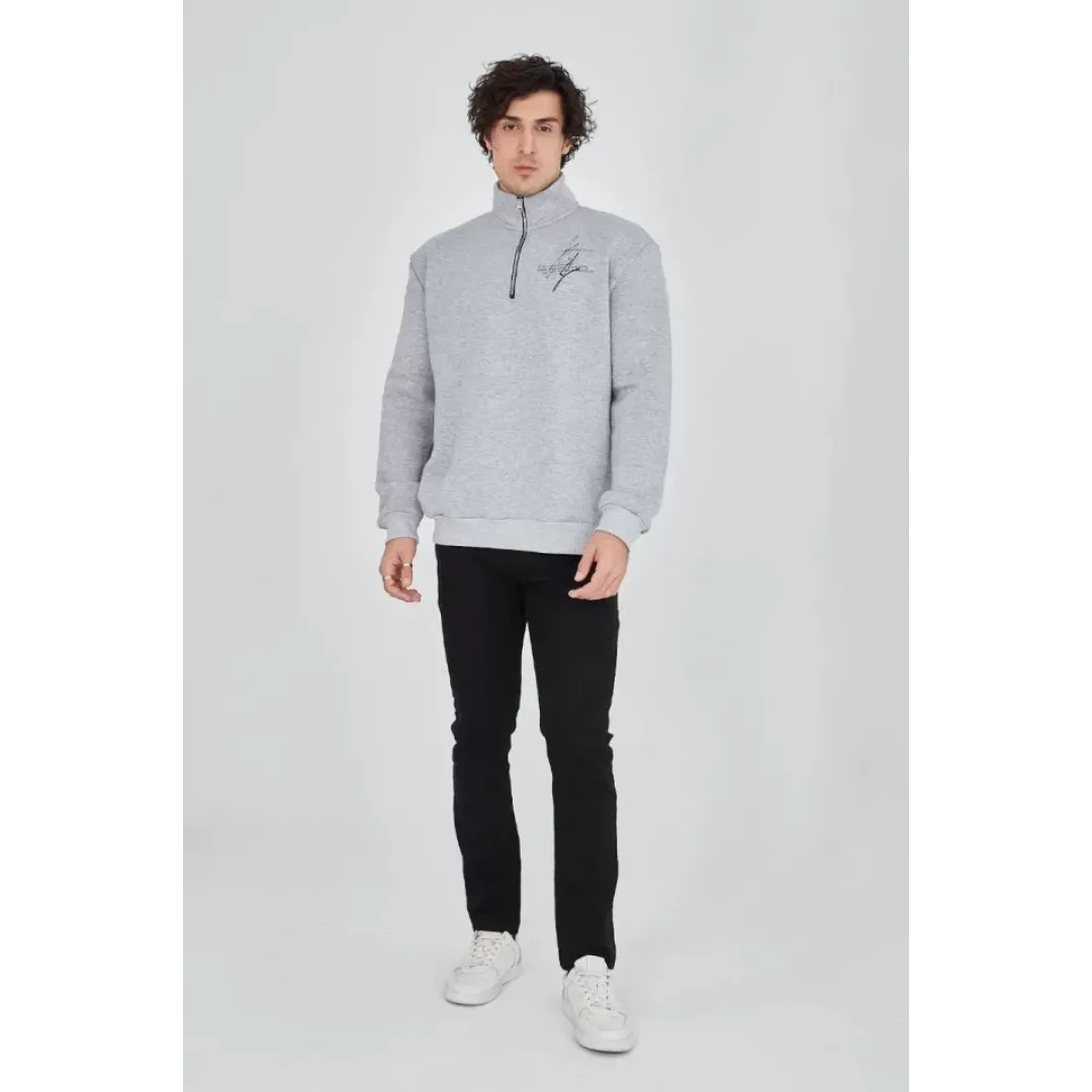 Erkek Yarım Fermuarlı Baskılı Sweat - Gri - 93126 Erkek Yarım Fermuarlı Baskılı Sweat - Gri - 93126