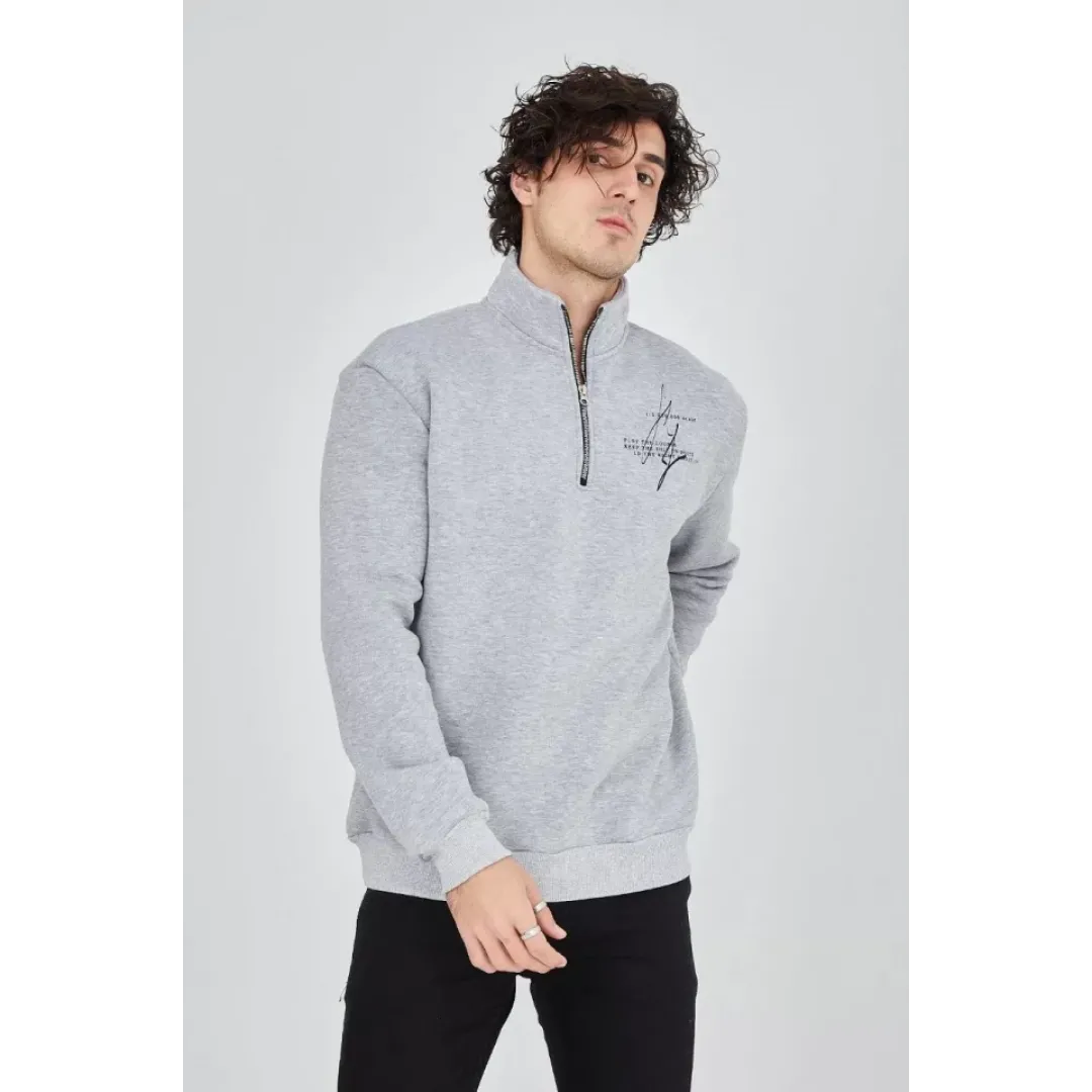 Erkek Yarım Fermuarlı Baskılı Sweat - Gri - 93126 Erkek Yarım Fermuarlı Baskılı Sweat - Gri - 93126