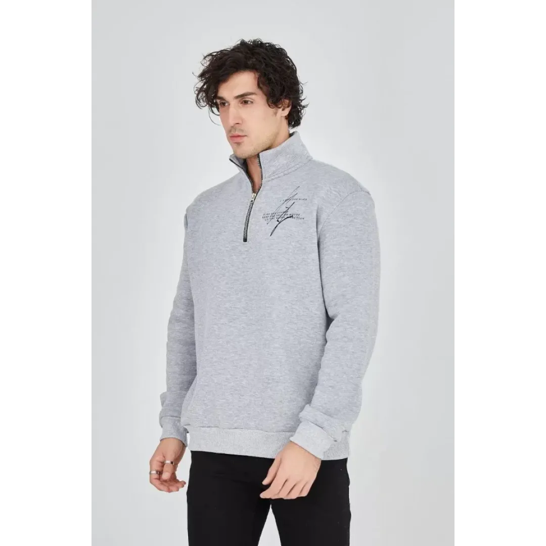 Erkek Yarım Fermuarlı Baskılı Sweat - Gri - 93126 Erkek Yarım Fermuarlı Baskılı Sweat - Gri - 93126