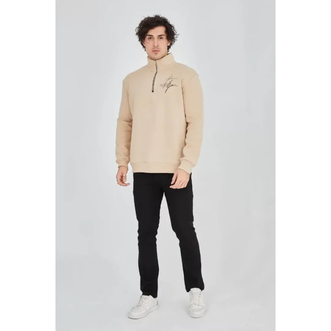 Erkek Yarım Fermuarlı Baskılı Sweat - Bej - 93128 Erkek Yarım Fermuarlı Baskılı Sweat - Bej - 93128