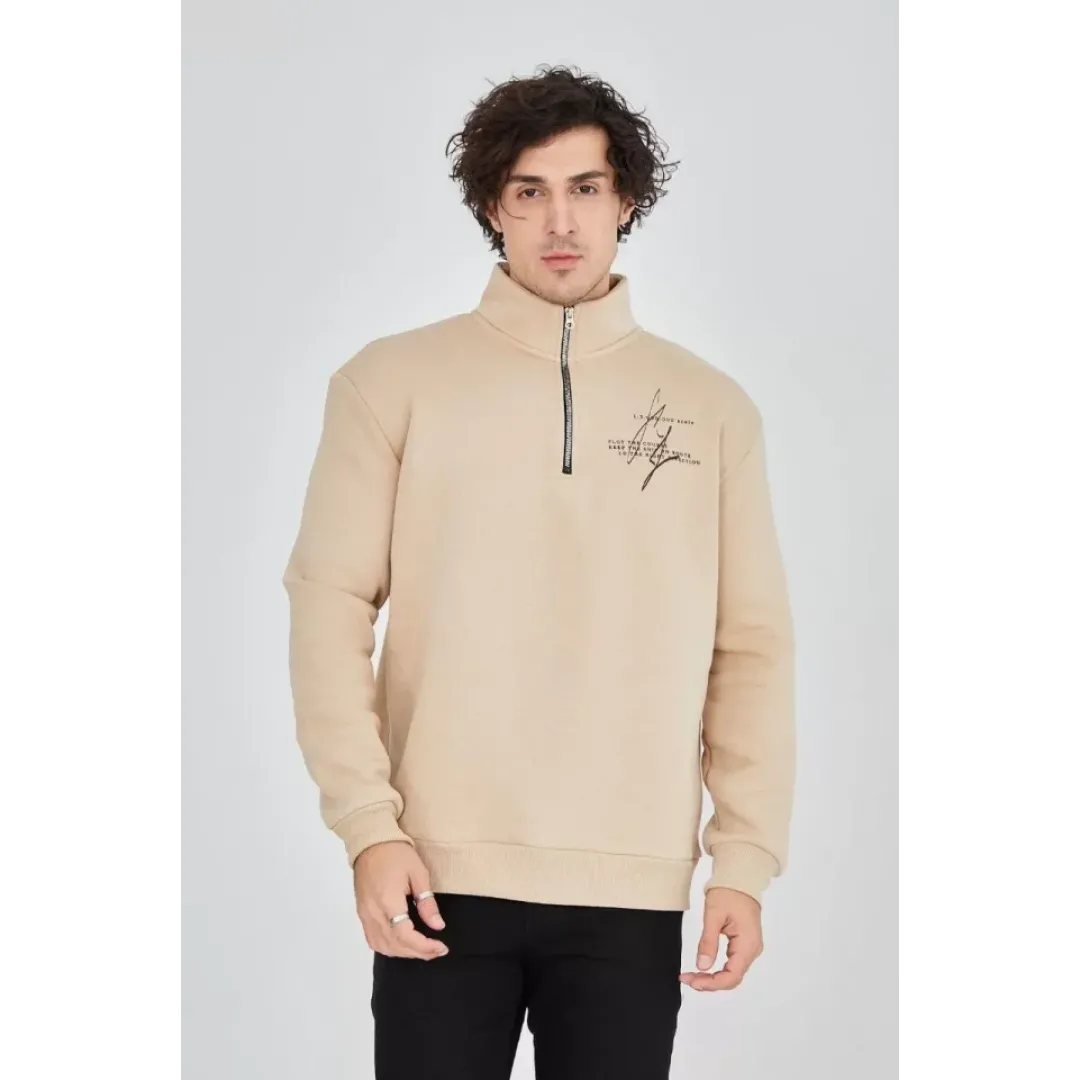Erkek Yarım Fermuarlı Baskılı Sweat - Bej - 93128 Erkek Yarım Fermuarlı Baskılı Sweat - Bej - 93128