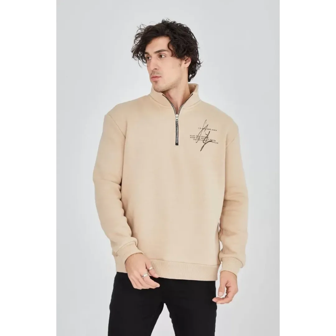 Erkek Yarım Fermuarlı Baskılı Sweat - Bej - 93128 Erkek Yarım Fermuarlı Baskılı Sweat - Bej - 93128