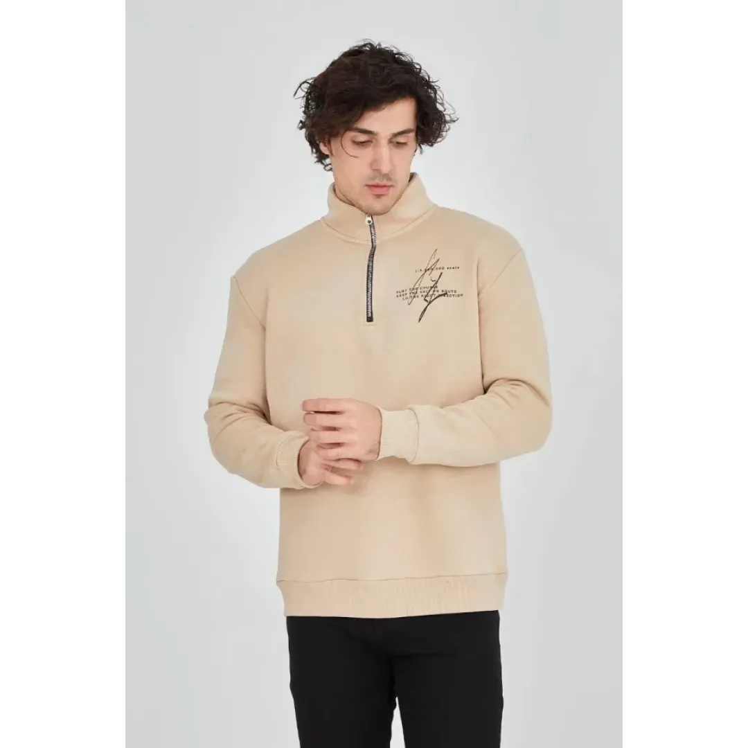Erkek Yarım Fermuarlı Baskılı Sweat - Bej - 93128 Erkek Yarım Fermuarlı Baskılı Sweat - Bej - 93128