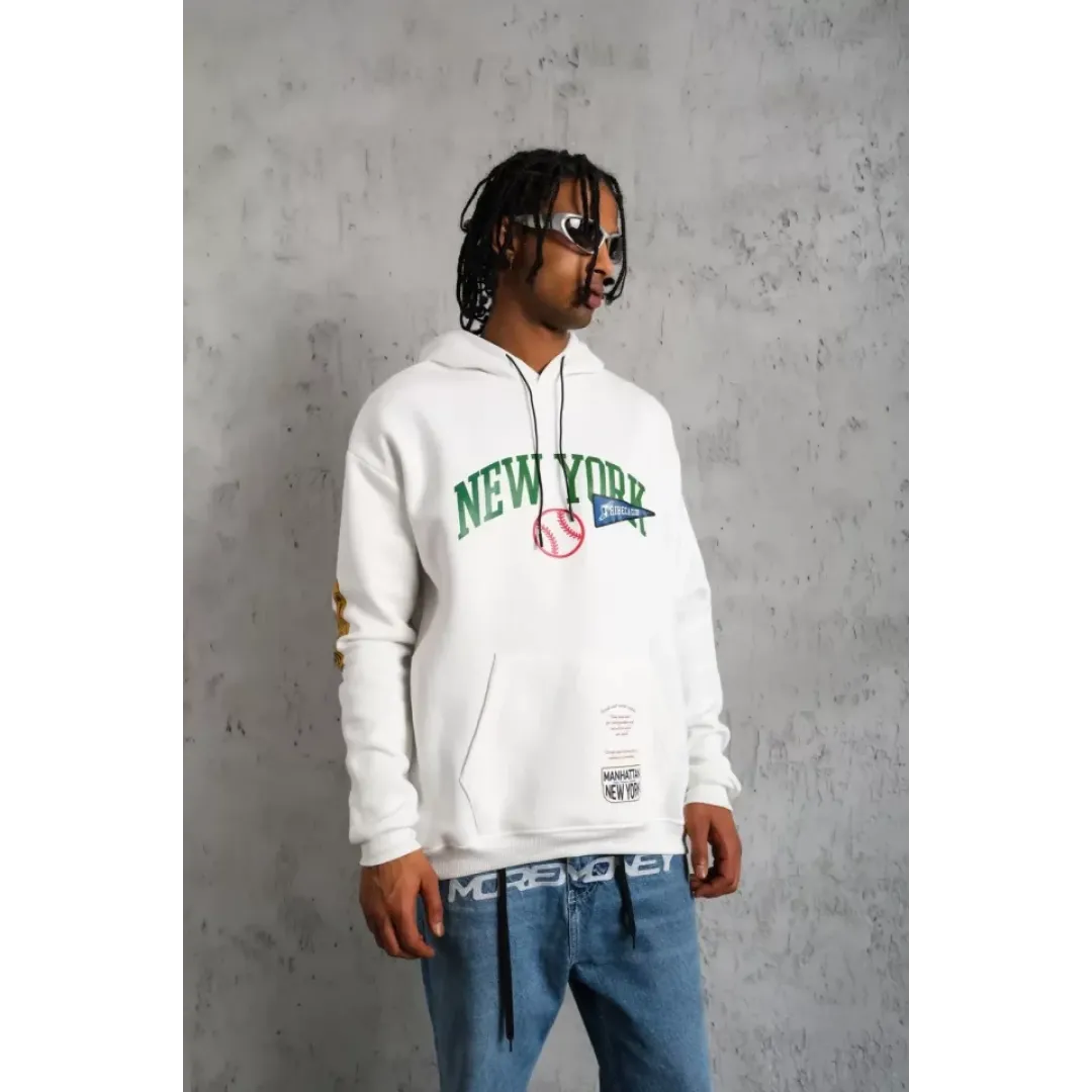 Erkek Baskılı Kapüşonlu Sweatshirt - Beyaz - 93133 Erkek Baskılı Kapüşonlu Sweatshirt - Beyaz - 93133