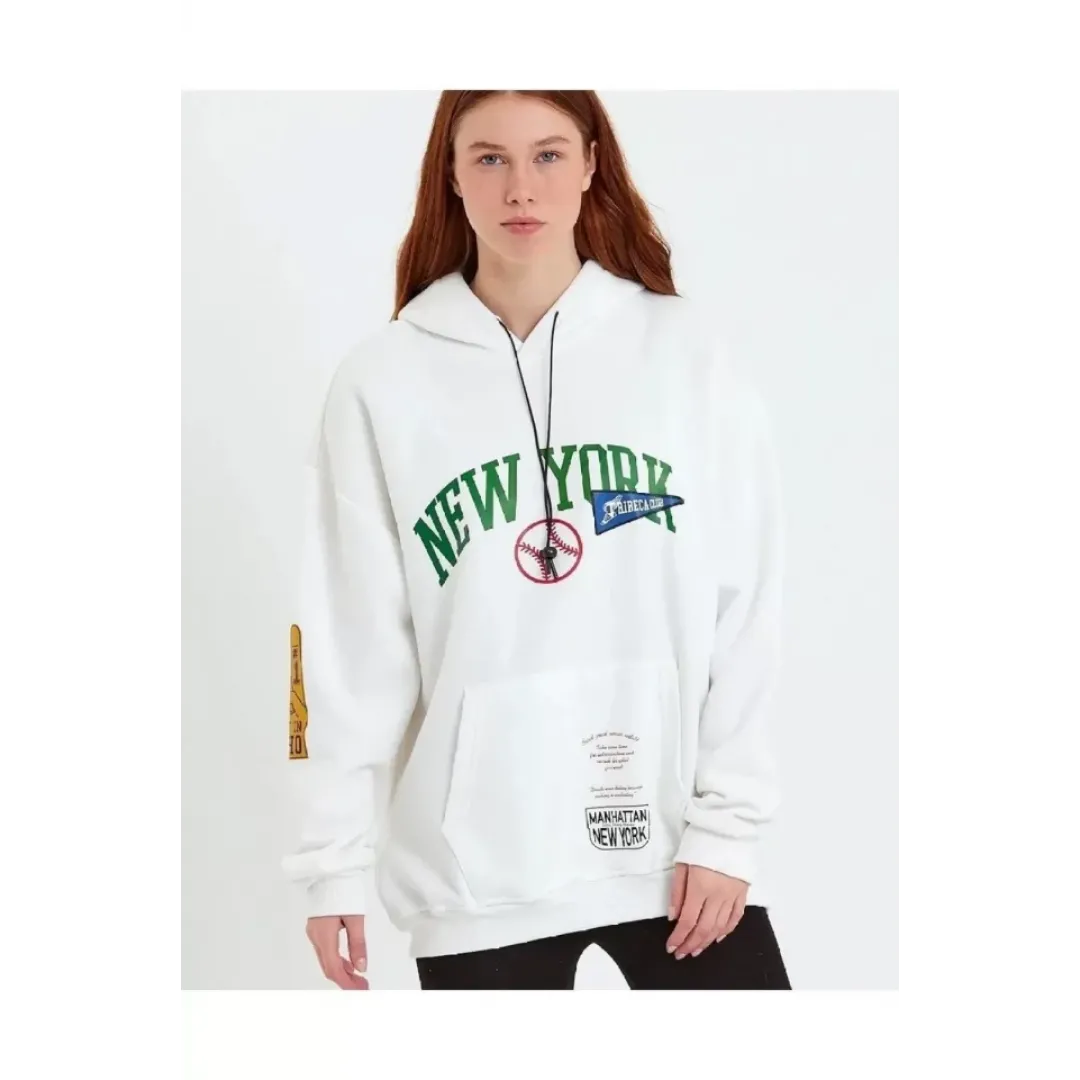 Baskılı Kapüşonlu Sweatshirt - Beyaz - 93135 Baskılı Kapüşonlu Sweatshirt - Beyaz - 93135