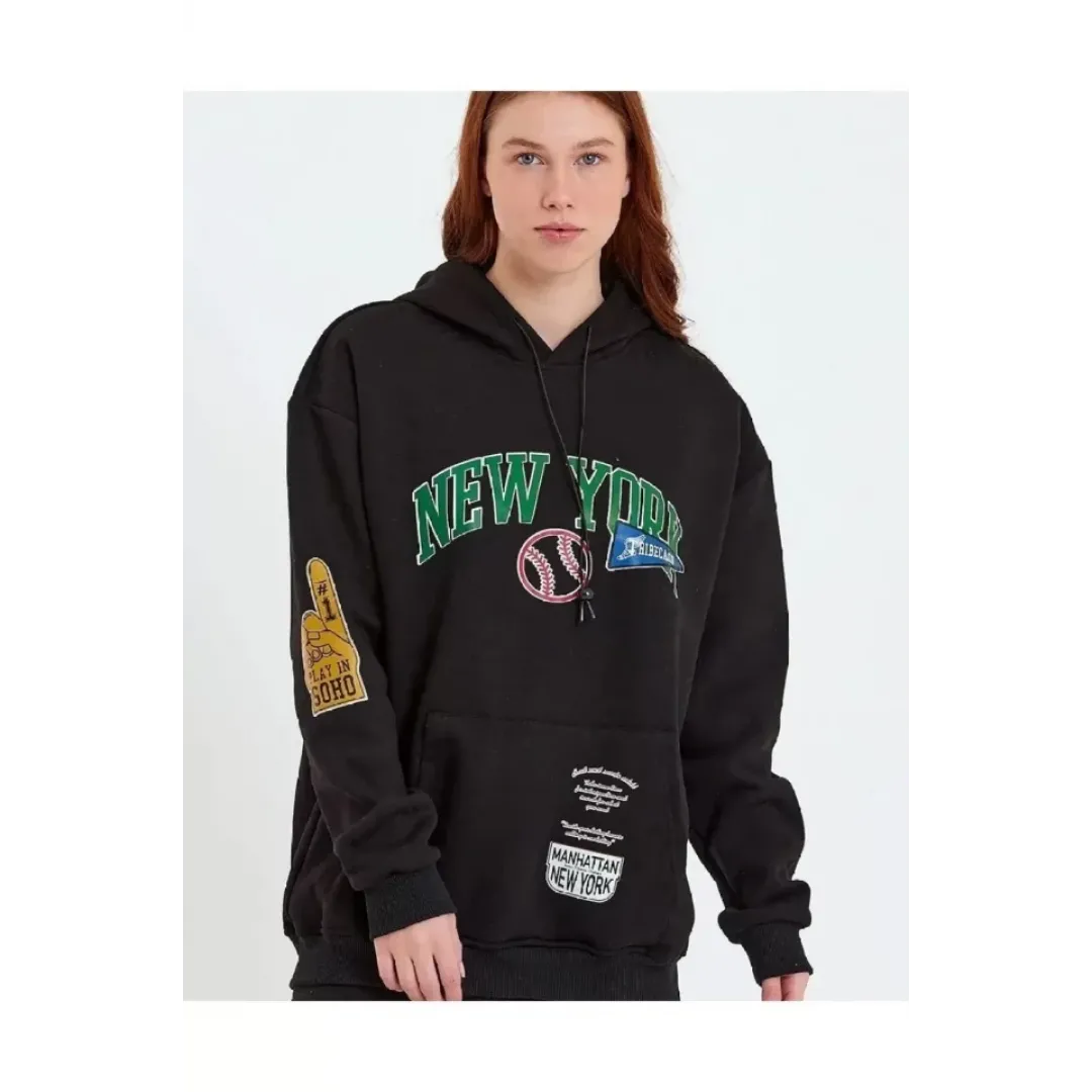 Baskılı Kapüşonlu Sweatshirt - Siyah - 93136 Baskılı Kapüşonlu Sweatshirt - Siyah - 93136