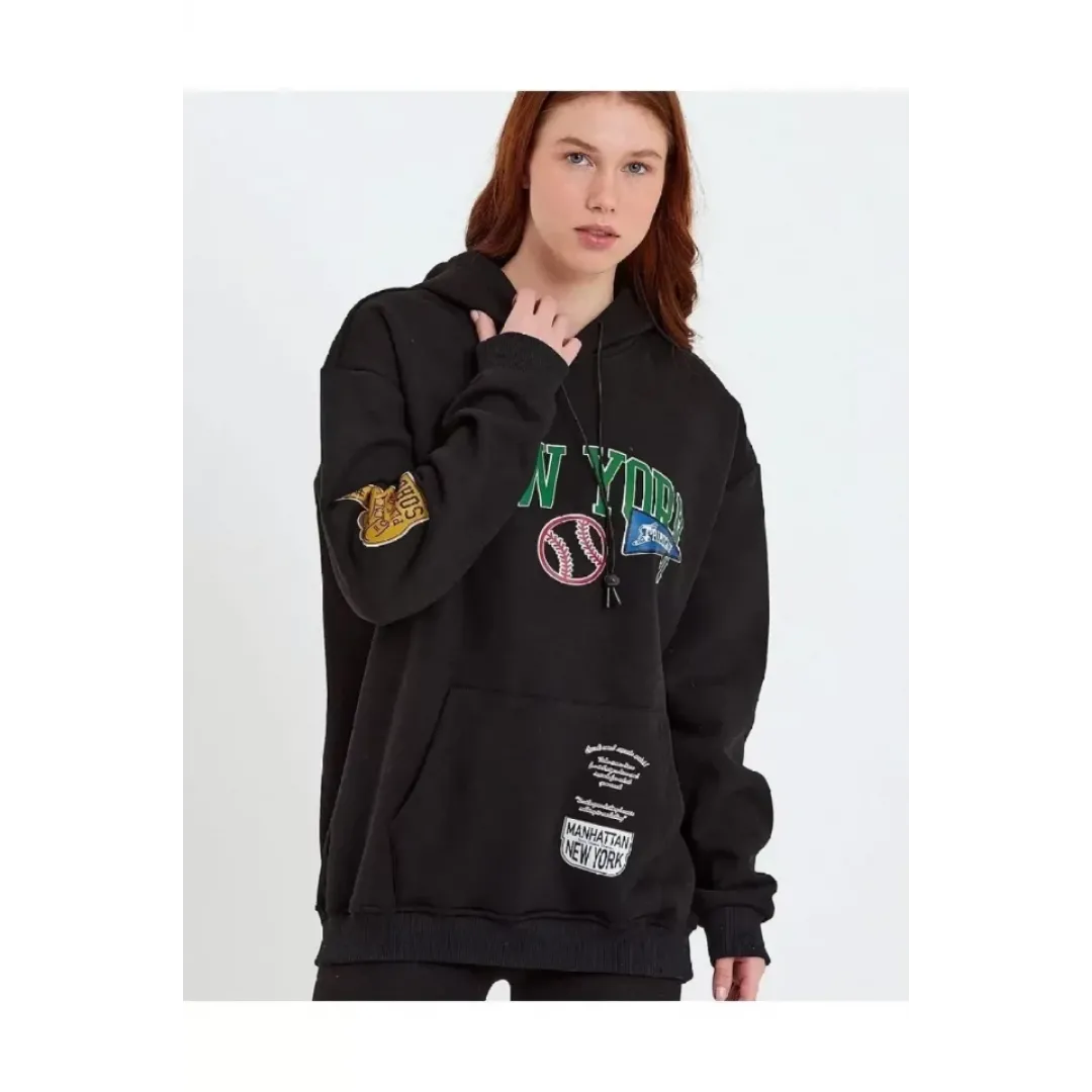 Baskılı Kapüşonlu Sweatshirt - Siyah - 93136 Baskılı Kapüşonlu Sweatshirt - Siyah - 93136