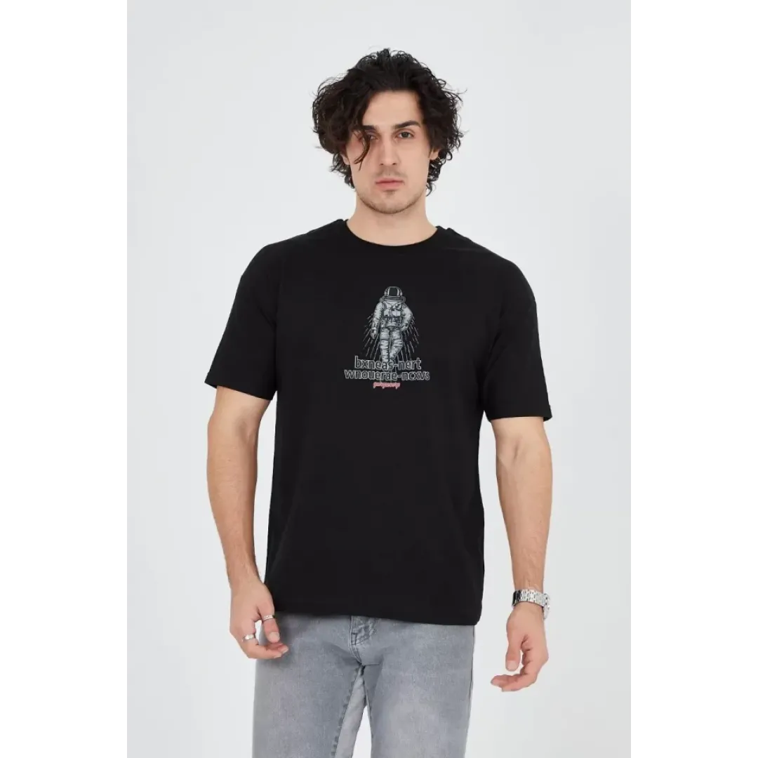 Erkek Penye Baskılı T-Shirt - Siyah - 93170 Erkek Penye Baskılı T-Shirt - Siyah - 93170