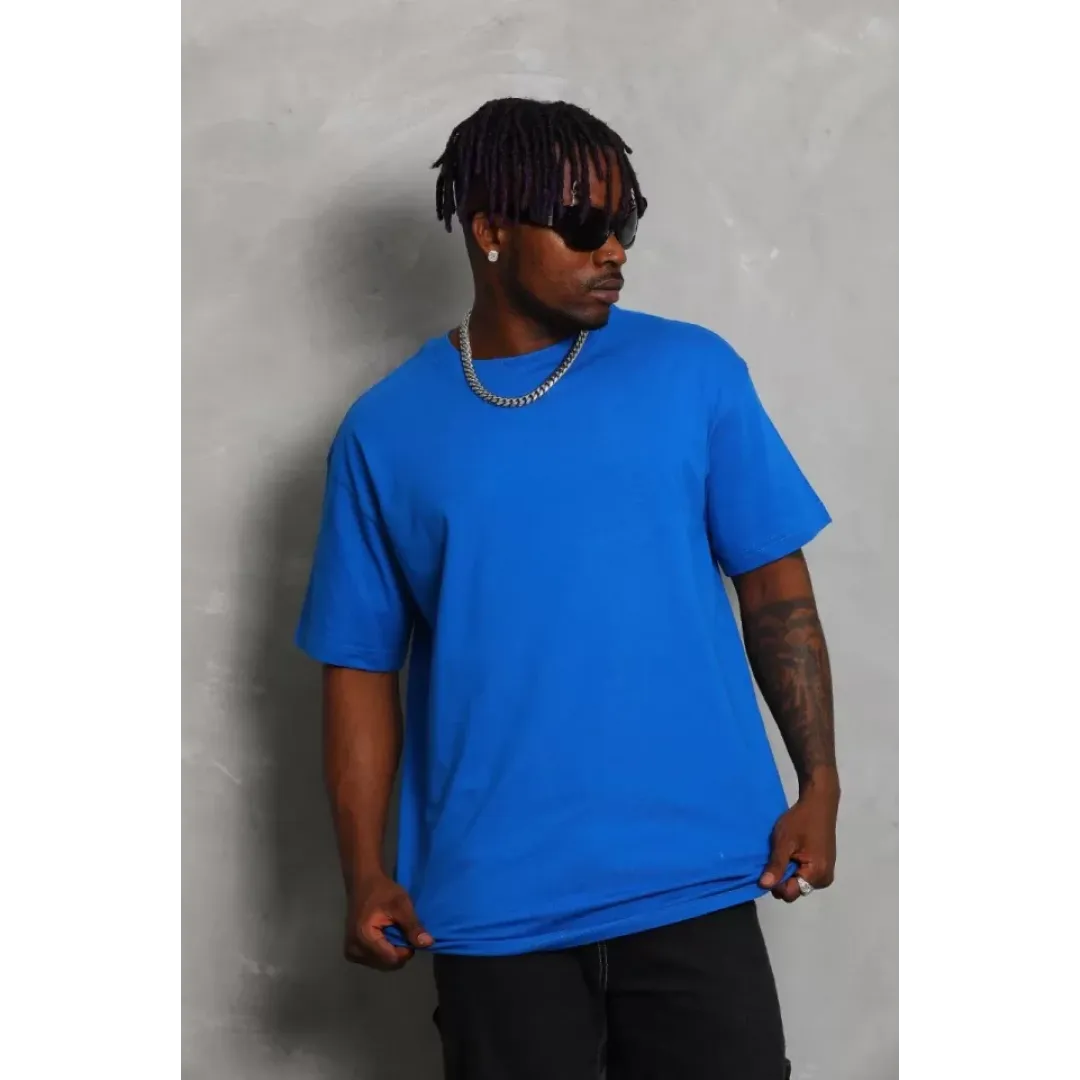 Unisex Oversize Düz Bisiklet Yaka T-Shirt - Mavi - 93179 Unisex Oversize Düz Bisiklet Yaka T-Shirt - Mavi - 93179