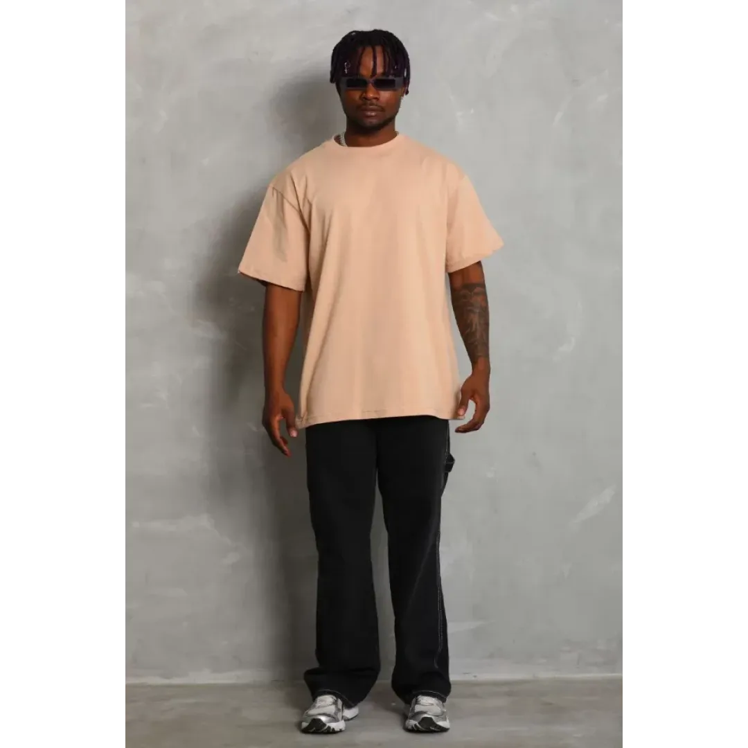 Unisex Oversize Düz Bisiklet Yaka T-Shirt - Bej - 93181 Unisex Oversize Düz Bisiklet Yaka T-Shirt - Bej - 93181