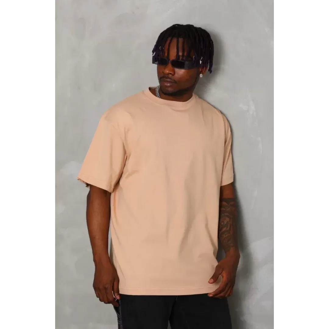 Unisex Oversize Düz Bisiklet Yaka T-Shirt - Bej - 93181 Unisex Oversize Düz Bisiklet Yaka T-Shirt - Bej - 93181