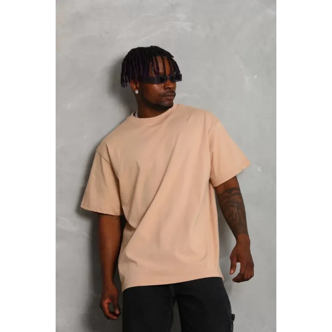 Unisex Oversize Düz Bisiklet Yaka T-Shirt - Bej - 93181 Unisex Oversize Düz Bisiklet Yaka T-Shirt - Bej - 93181