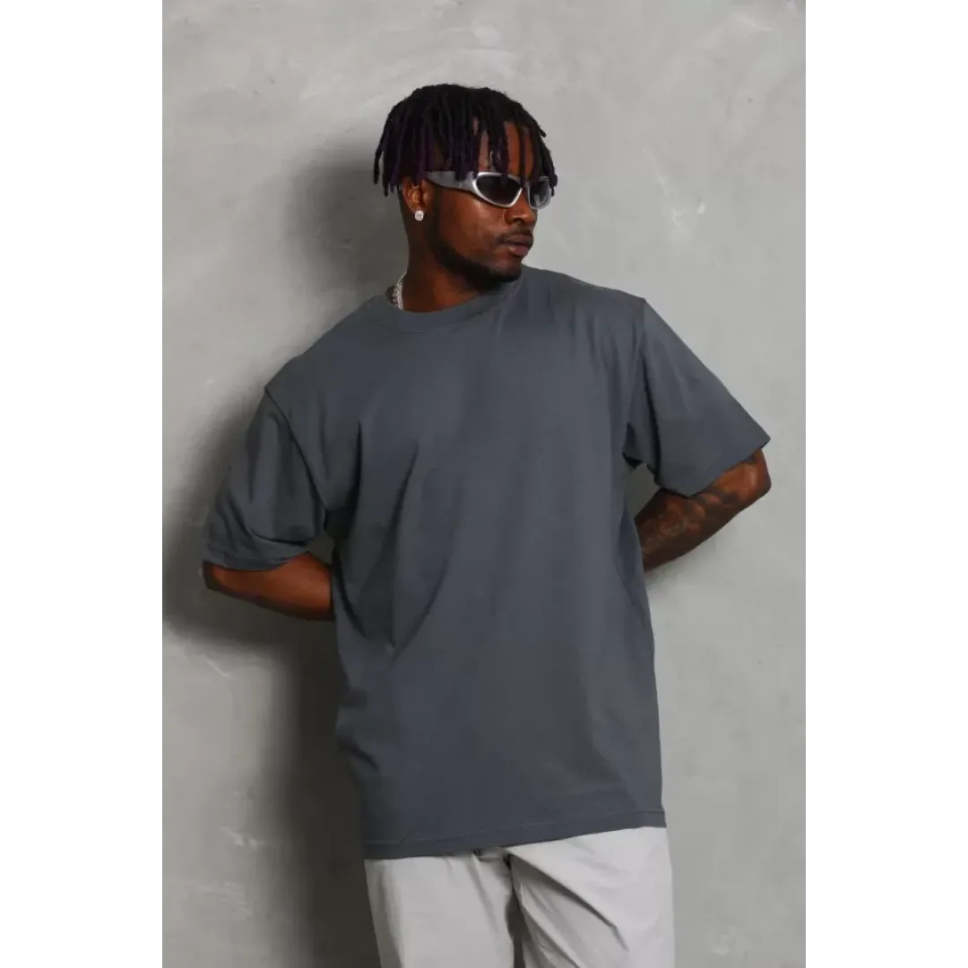 Unisex Oversize Düz Bisiklet Yaka T-Shirt - Füme - 93185 Unisex Oversize Düz Bisiklet Yaka T-Shirt - Füme - 93185