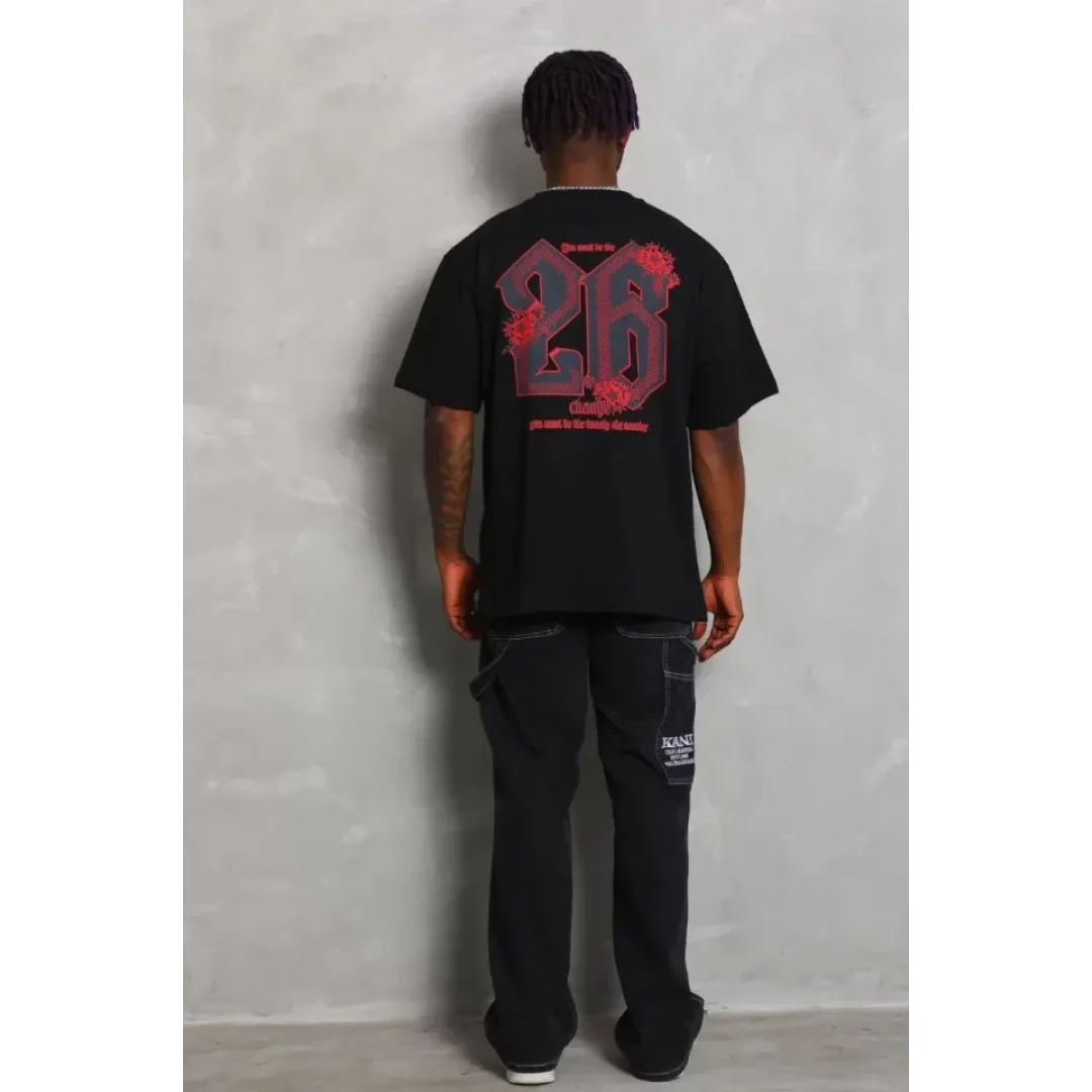 Unisex Oversize Baskılı Bisiklet Yaka T-Shirt - Siyah - 93186 Unisex Oversize Baskılı Bisiklet Yaka T-Shirt - Siyah - 93186