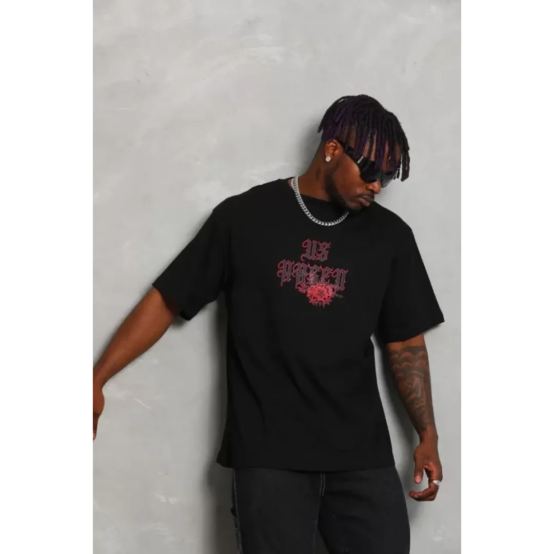 Unisex Oversize Baskılı Bisiklet Yaka T-Shirt - Siyah - 93186 Unisex Oversize Baskılı Bisiklet Yaka T-Shirt - Siyah - 93186