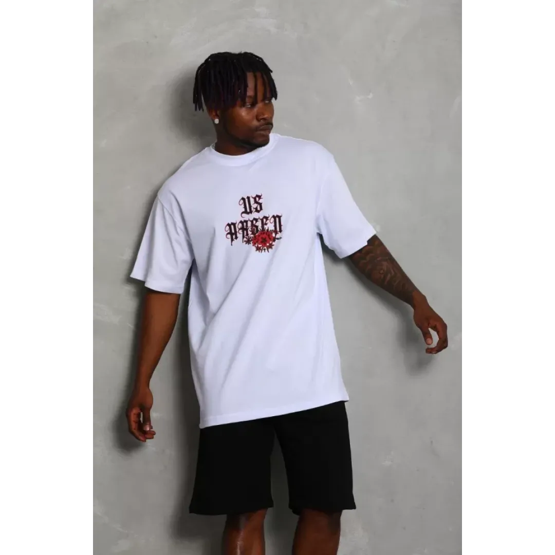Unisex Oversize Baskılı Bisiklet Yaka T-Shirt - Beyaz - 93188