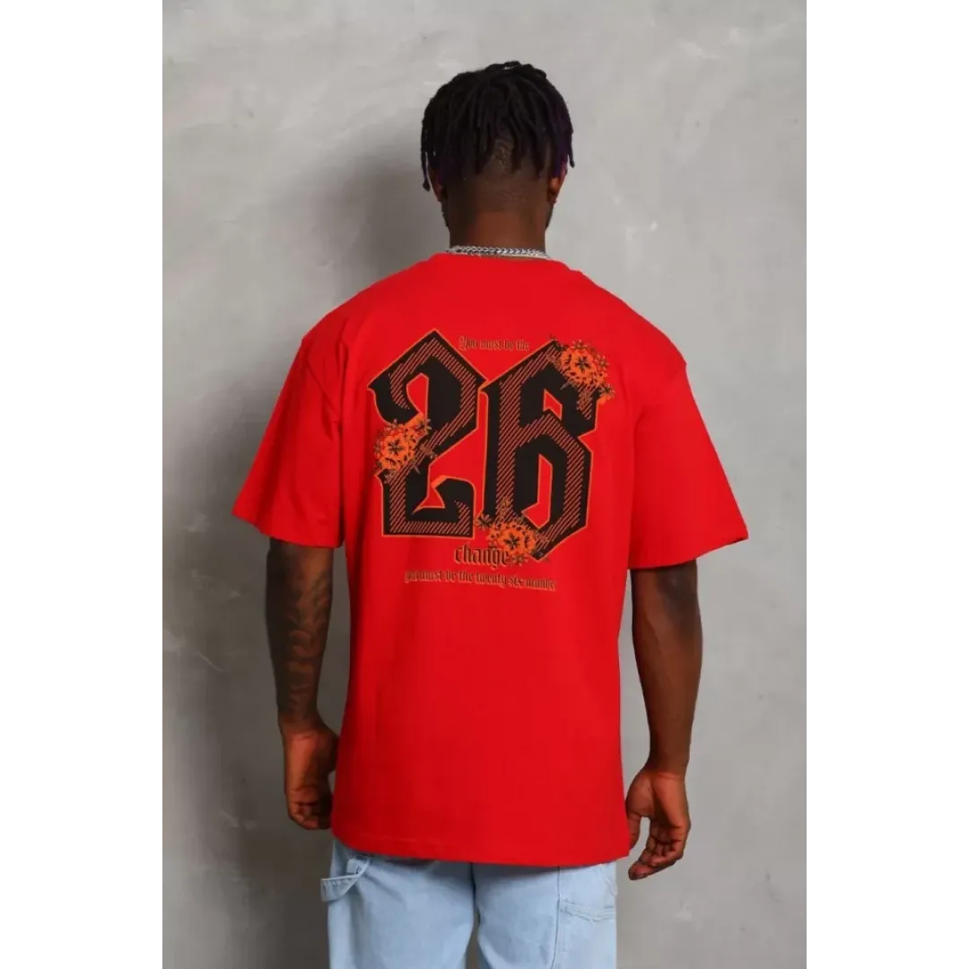 Unisex Oversize Baskılı Bisiklet Yaka T-Shirt - Kırmızı - 93189 Unisex Oversize Baskılı Bisiklet Yaka T-Shirt - Kırmızı - 93189