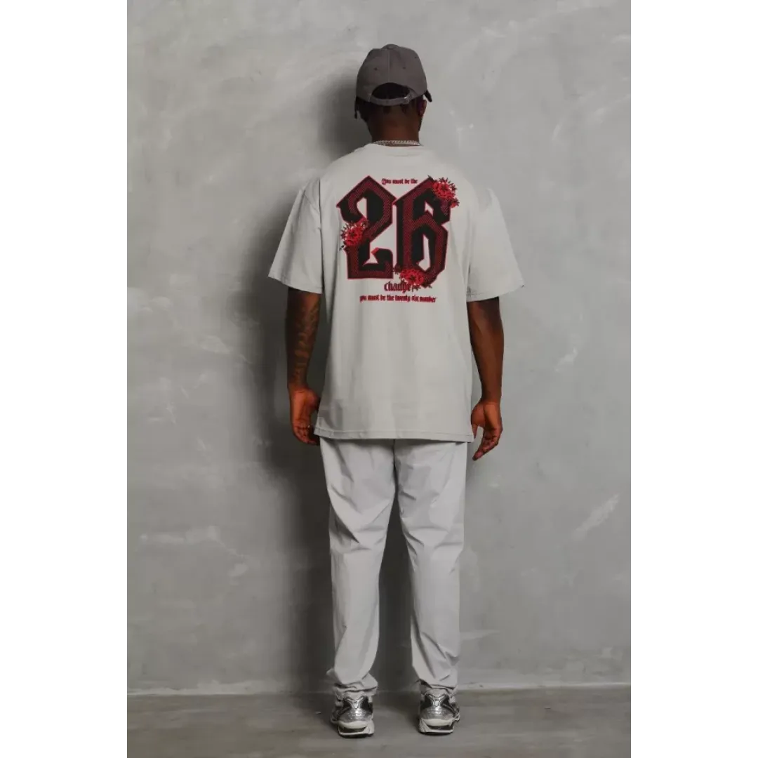 Unisex Oversize Baskılı Bisiklet Yaka T-Shirt - Gri - 93190