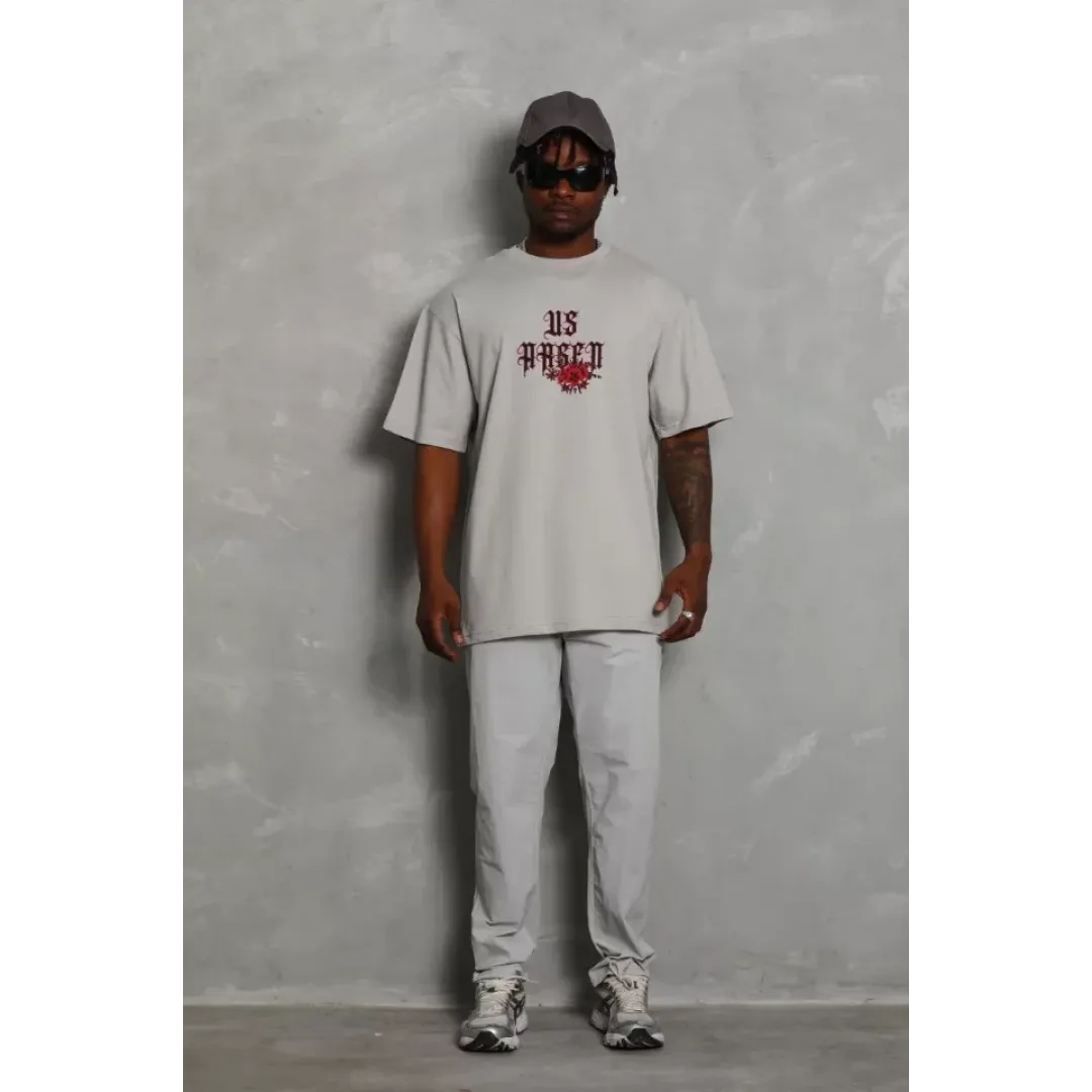 Unisex Oversize Baskılı Bisiklet Yaka T-Shirt - Gri - 93190