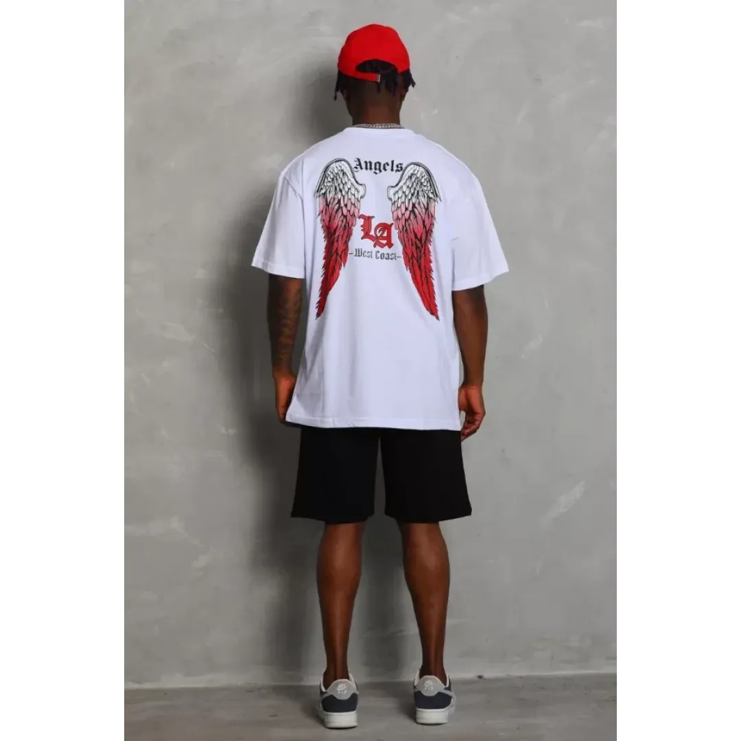 Unisex Oversize Baskılı Bisiklet Yaka T-Shirt - Beyaz - 93191