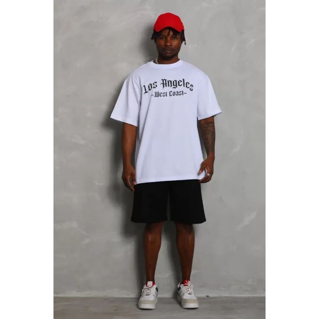 Unisex Oversize Baskılı Bisiklet Yaka T-Shirt - Beyaz - 93191