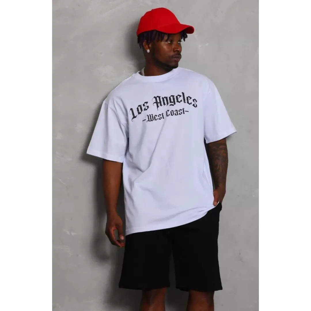 Unisex Oversize Baskılı Bisiklet Yaka T-Shirt - Beyaz - 93191