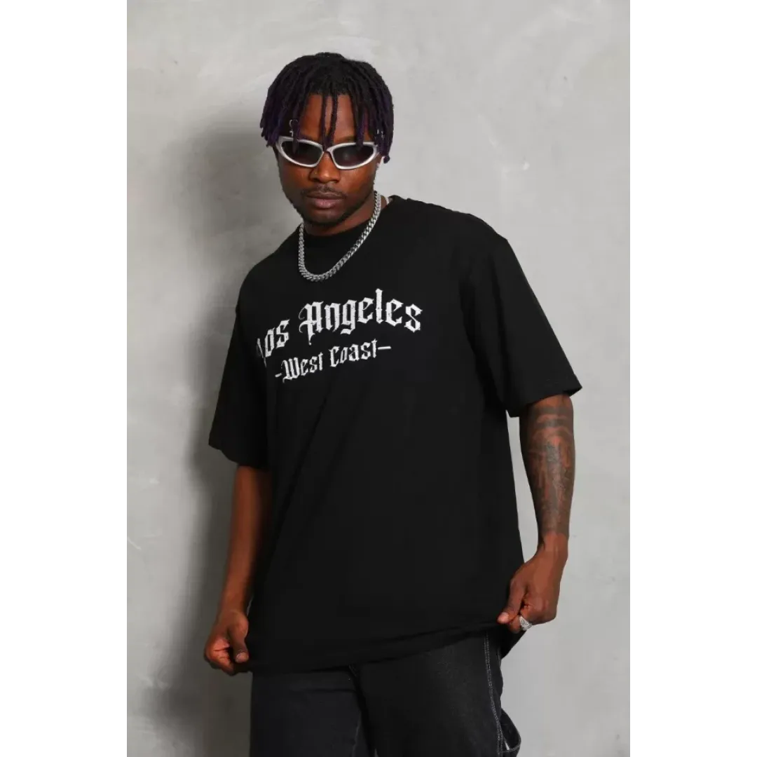 Unisex Oversize Baskılı Bisiklet Yaka T-Shirt - Siyah - 93192 Unisex Oversize Baskılı Bisiklet Yaka T-Shirt - Siyah - 93192