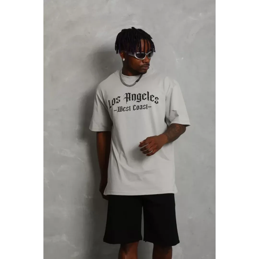 Unisex Oversize Baskılı Bisiklet Yaka T-Shirt - Gri - 93193
