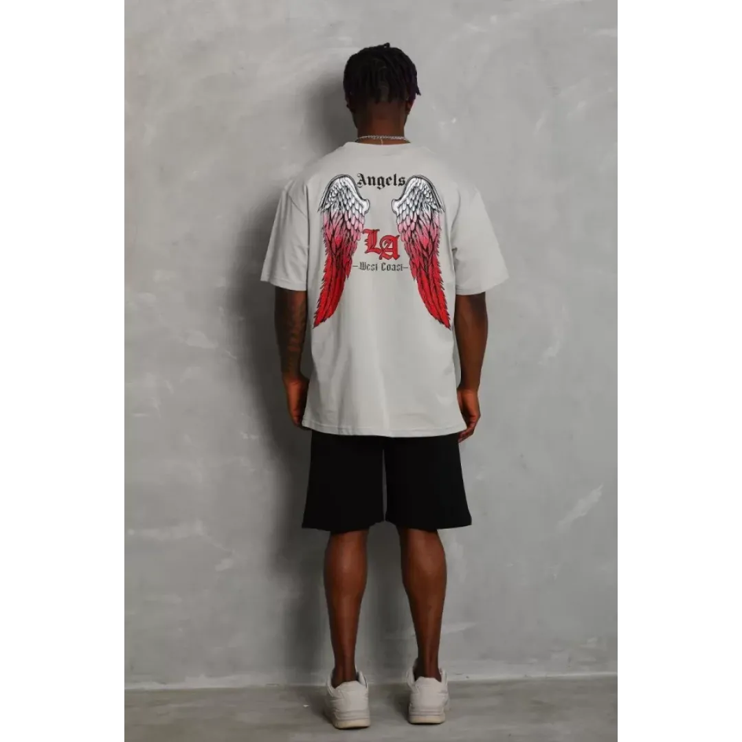 Unisex Oversize Baskılı Bisiklet Yaka T-Shirt - Gri - 93193
