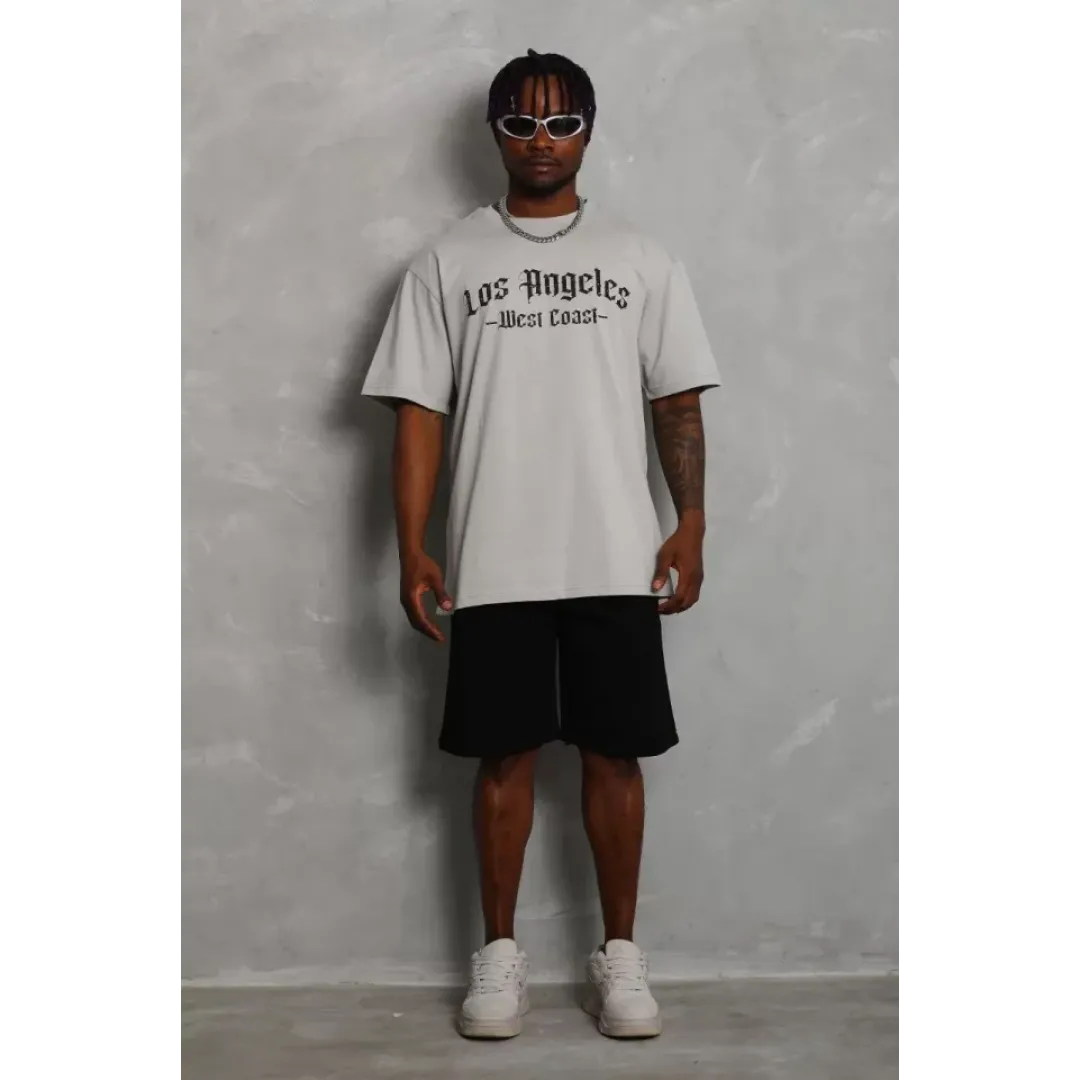 Unisex Oversize Baskılı Bisiklet Yaka T-Shirt - Gri - 93193