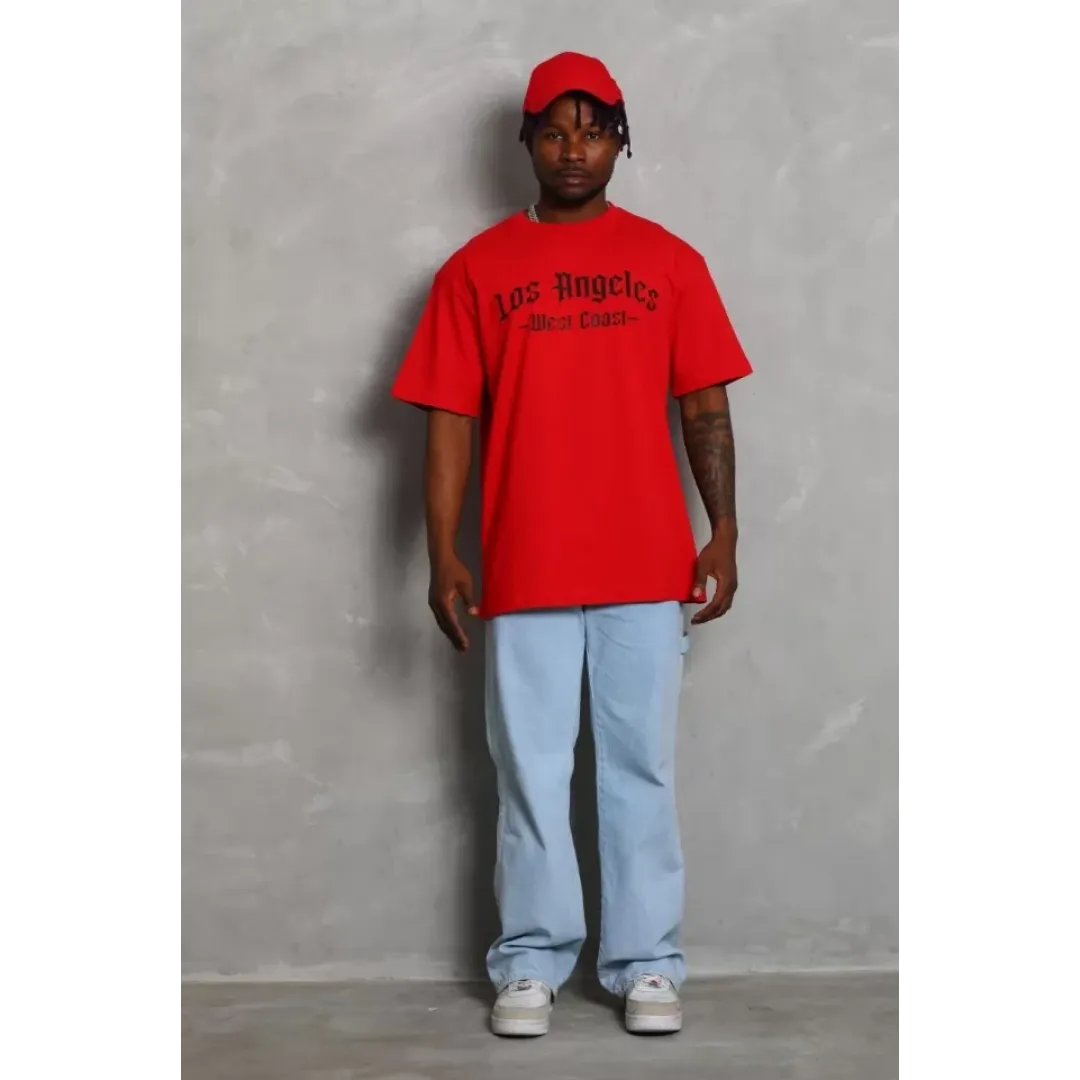 Unisex Oversize Baskılı Bisiklet Yaka T-Shirt - Kırmızı - 93194