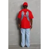 Unisex Oversize Baskılı Bisiklet Yaka T-Shirt - Kırmızı - 93194