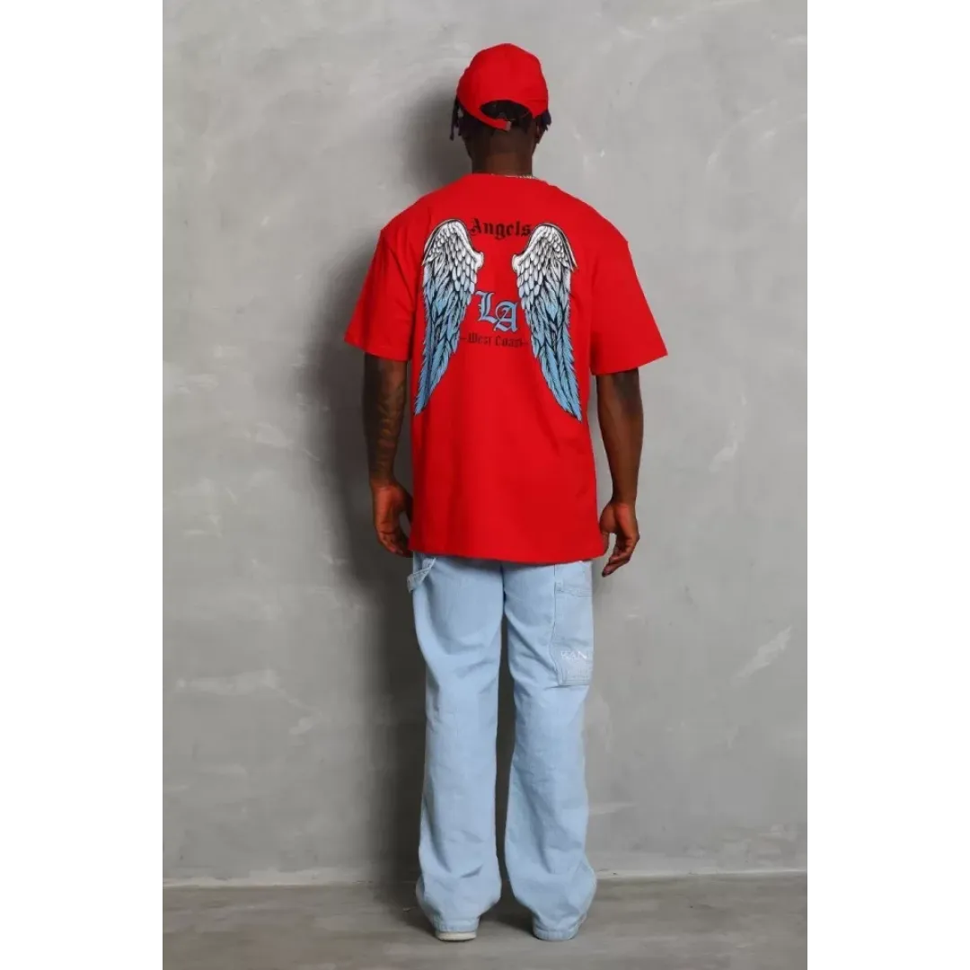 Unisex Oversize Baskılı Bisiklet Yaka T-Shirt - Kırmızı - 93194