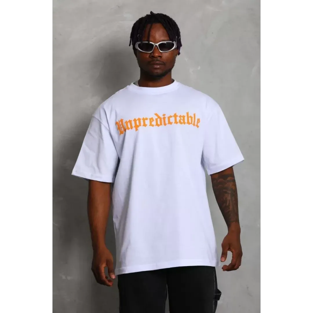 Unisex Oversize Baskılı Bisiklet Yaka T-Shirt - Beyaz - 93196