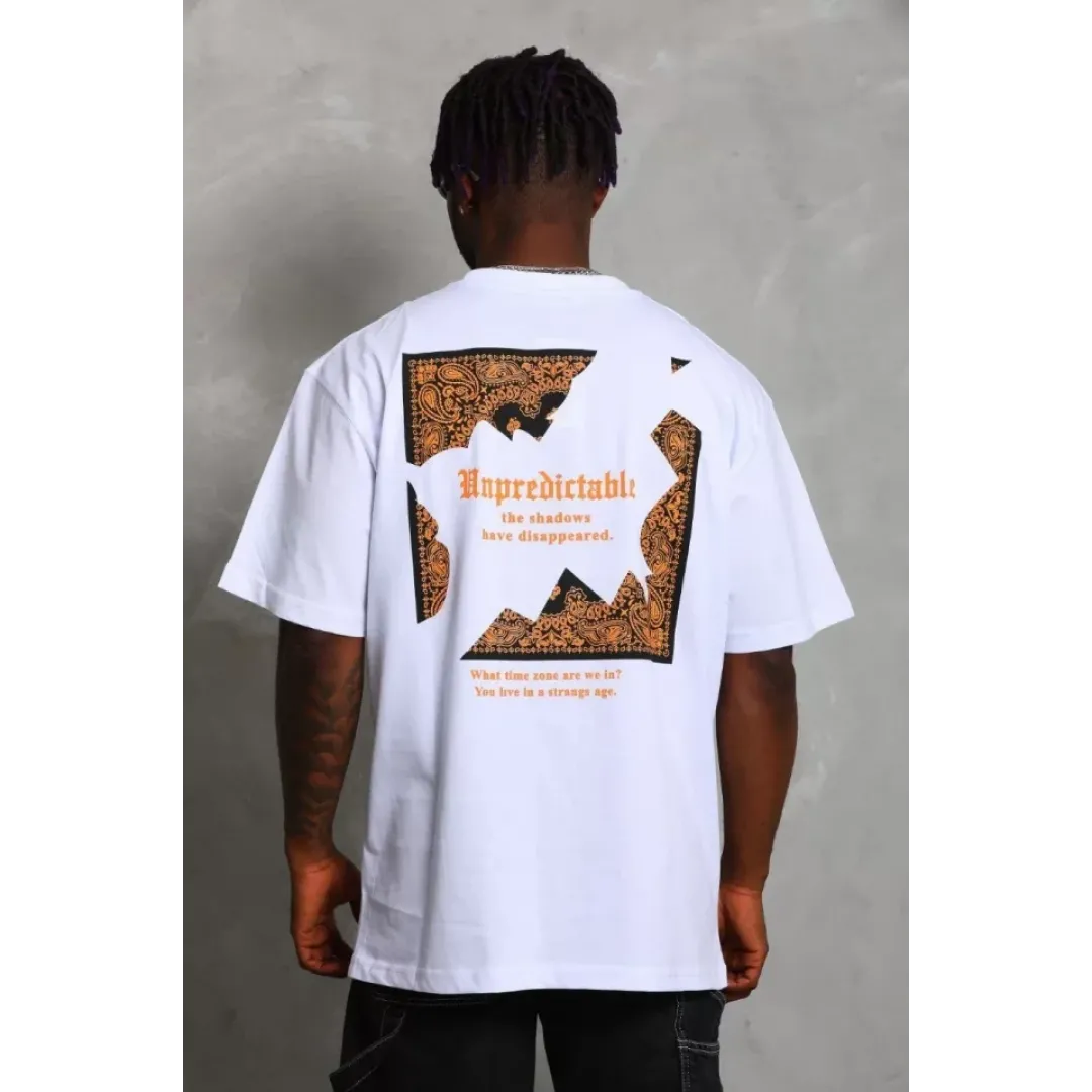 Unisex Oversize Baskılı Bisiklet Yaka T-Shirt - Beyaz - 93196