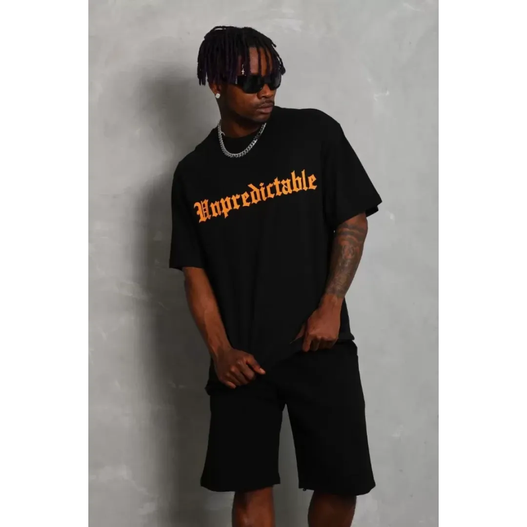 Unisex Oversize Baskılı Bisiklet Yaka T-Shirt - Siyah - 93198 Unisex Oversize Baskılı Bisiklet Yaka T-Shirt - Siyah - 93198