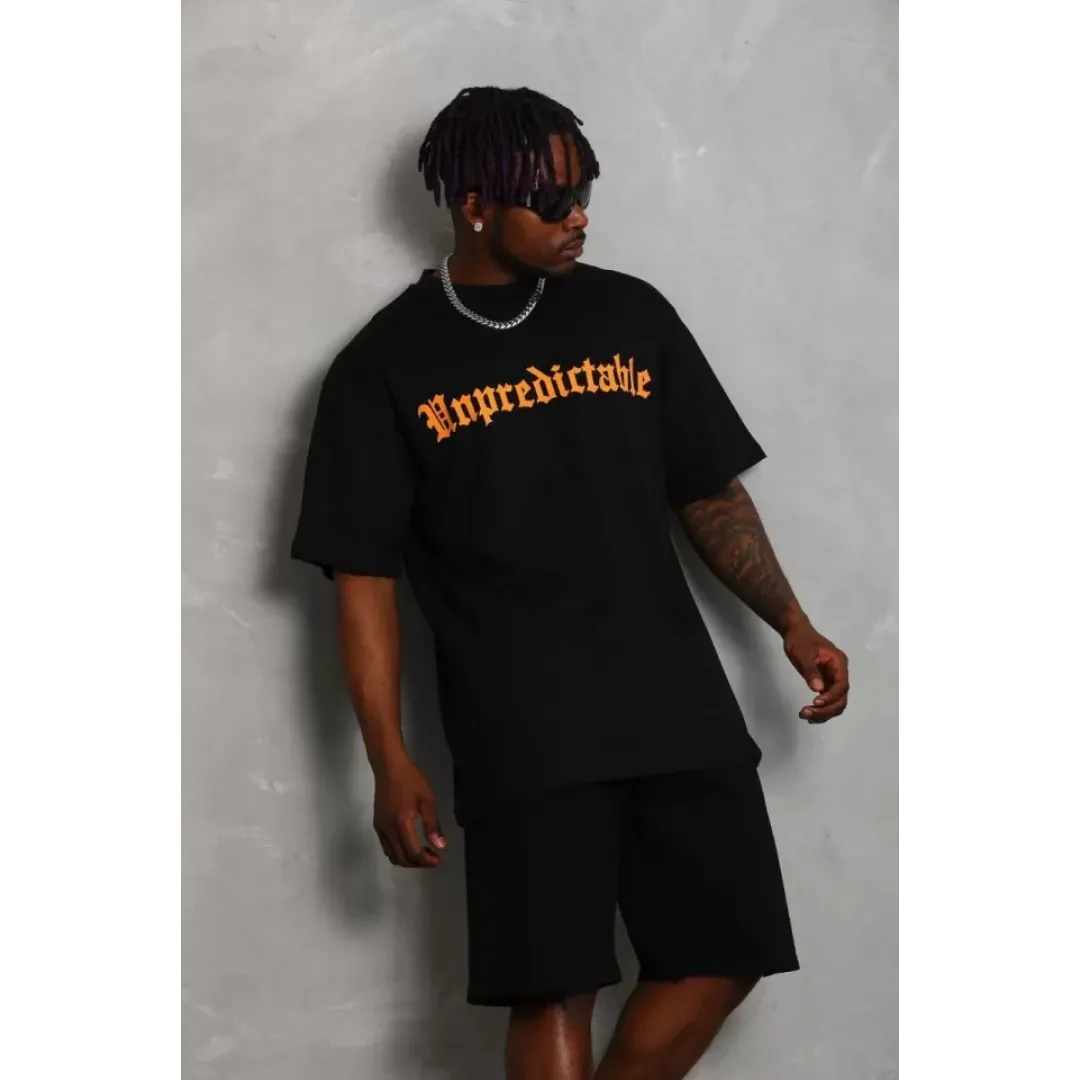 Unisex Oversize Baskılı Bisiklet Yaka T-Shirt - Siyah - 93198 Unisex Oversize Baskılı Bisiklet Yaka T-Shirt - Siyah - 93198