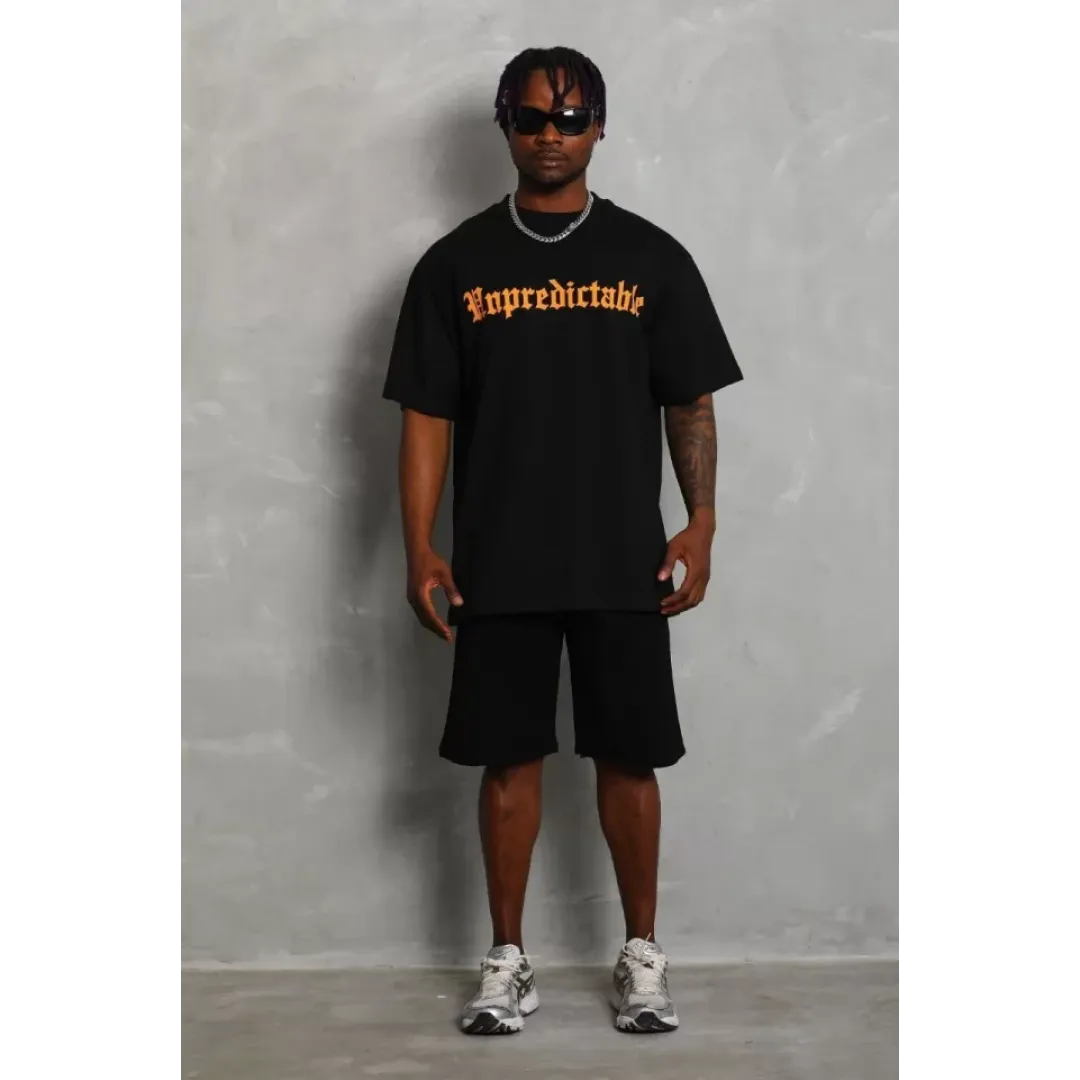 Unisex Oversize Baskılı Bisiklet Yaka T-Shirt - Siyah - 93198 Unisex Oversize Baskılı Bisiklet Yaka T-Shirt - Siyah - 93198
