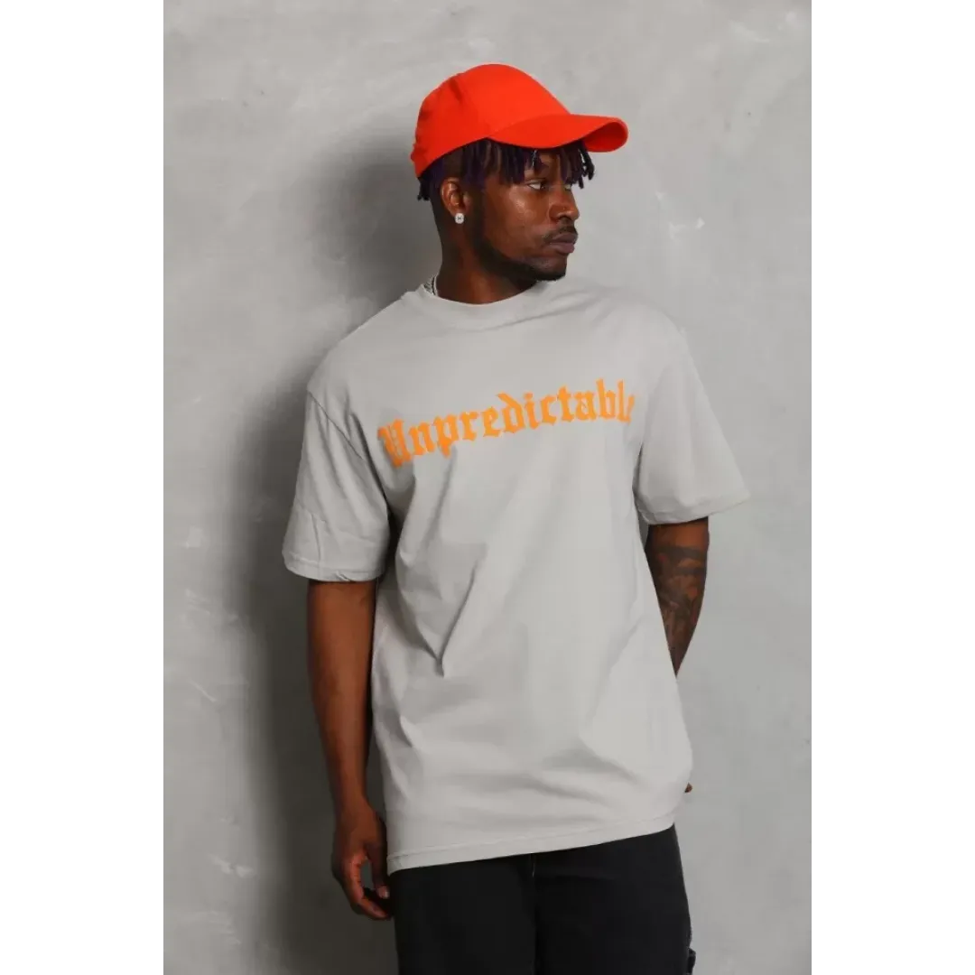 Unisex Oversize Baskılı Bisiklet Yaka T-Shirt - Gri - 93199
