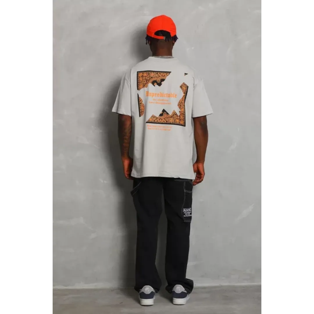 Unisex Oversize Baskılı Bisiklet Yaka T-Shirt - Gri - 93199