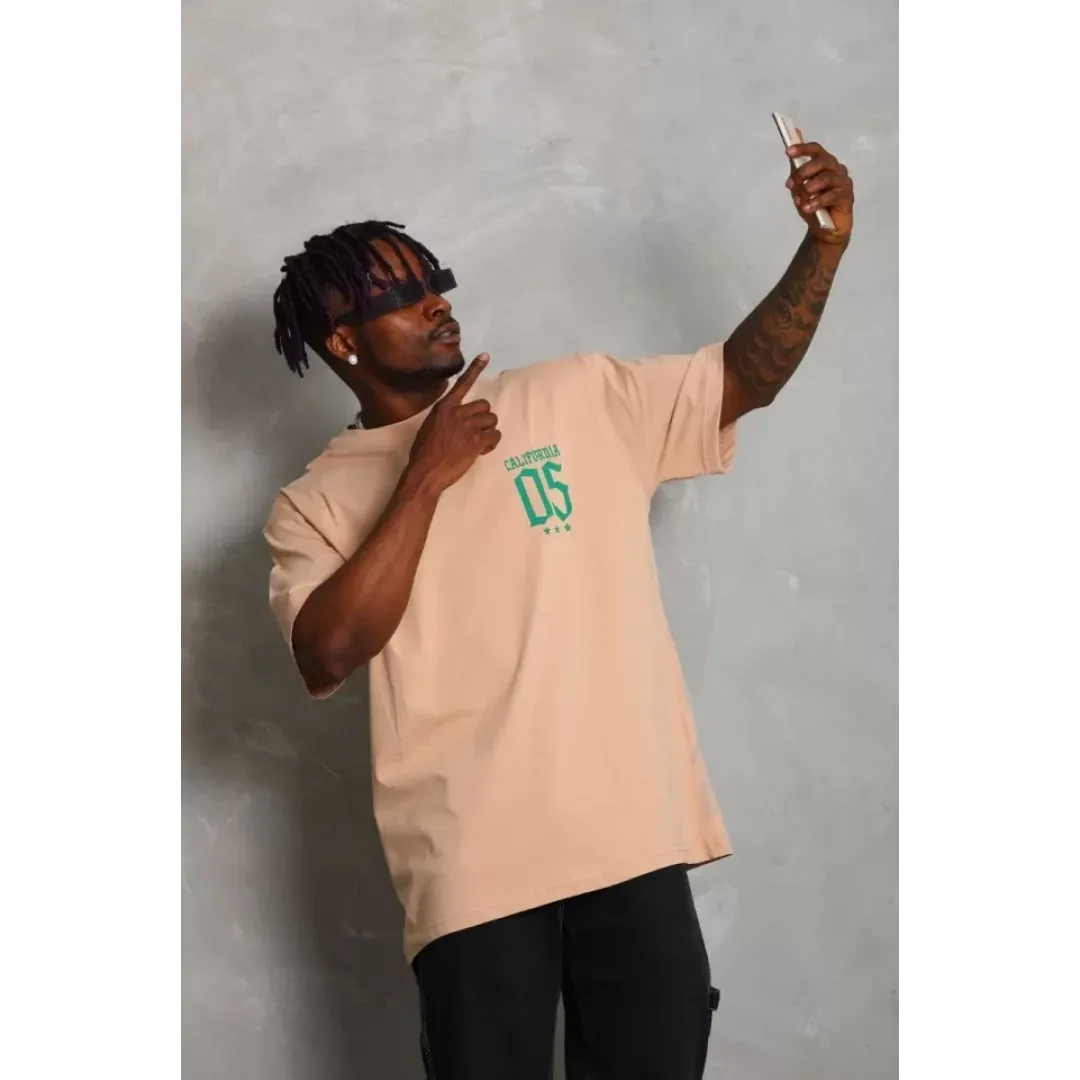 Unisex Oversize Baskılı Bisiklet Yaka T-Shirt - Bej - 93202 Unisex Oversize Baskılı Bisiklet Yaka T-Shirt - Bej - 93202