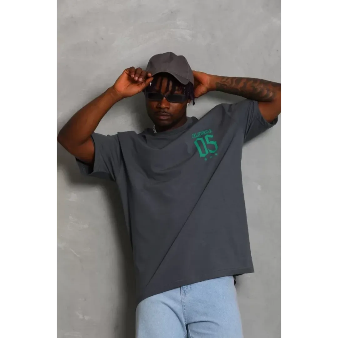 Unisex Oversize Baskılı Bisiklet Yaka T-Shirt - Füme - 93211