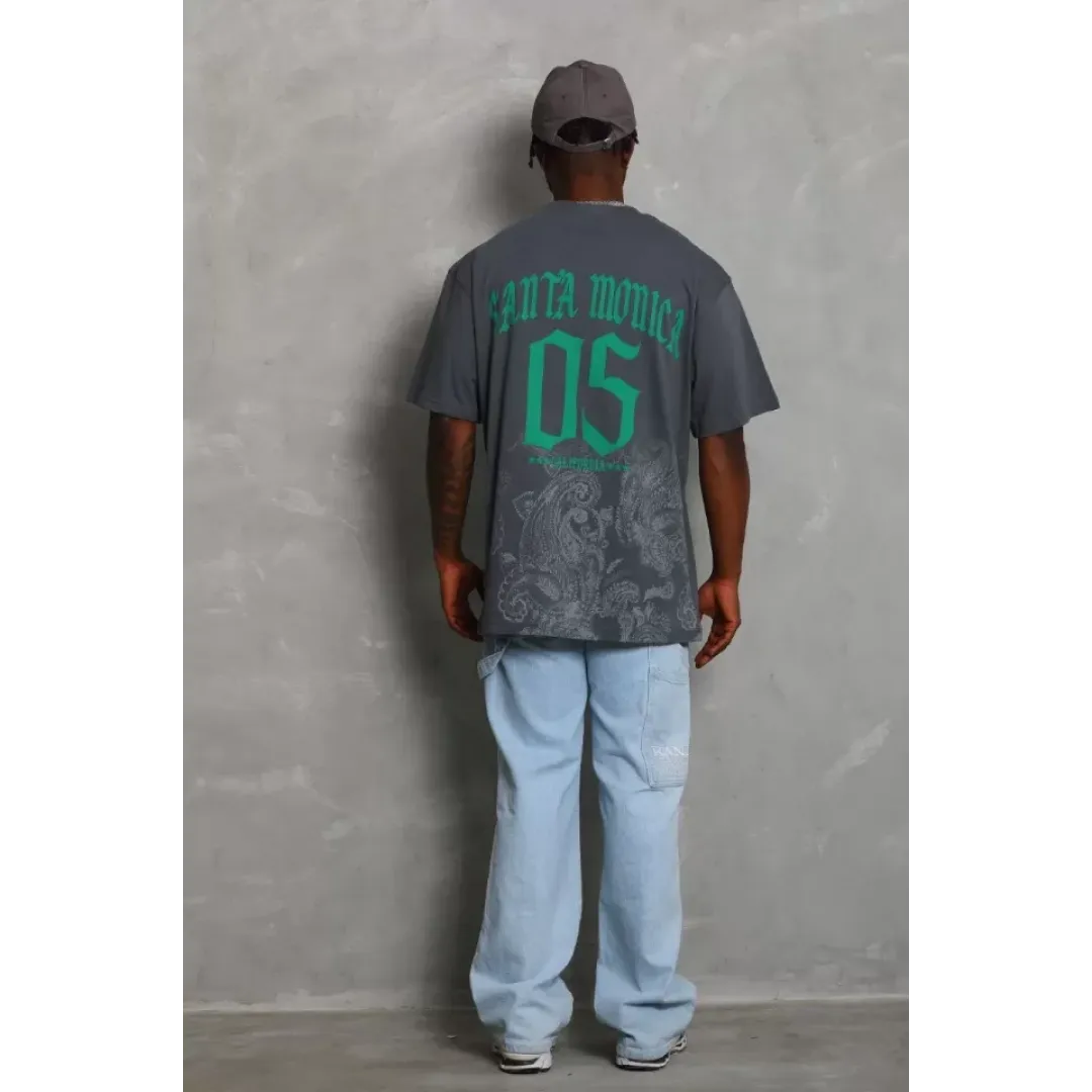 Unisex Oversize Baskılı Bisiklet Yaka T-Shirt - Füme - 93211