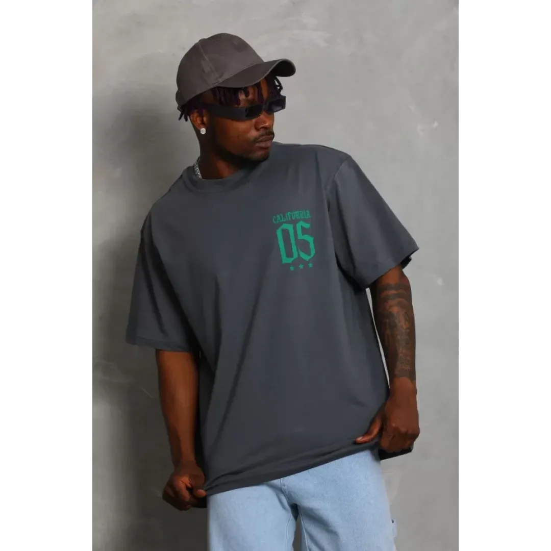 Unisex Oversize Baskılı Bisiklet Yaka T-Shirt - Füme - 93211