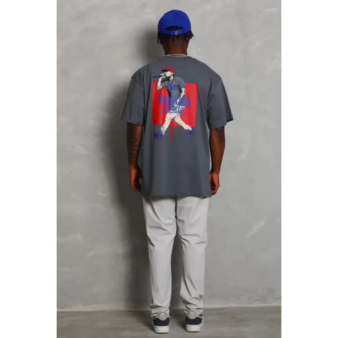 Unisex Oversize Baskılı Bisiklet Yaka T-Shirt - Füme - 93215 Unisex Oversize Baskılı Bisiklet Yaka T-Shirt - Füme - 93215