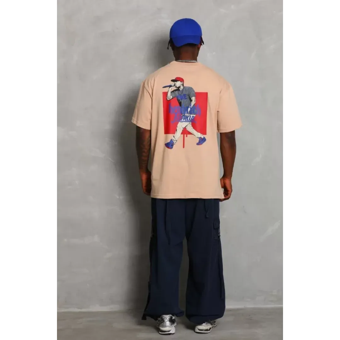 Unisex Oversize Baskılı Bisiklet Yaka T-Shirt - Bej - 93216 Unisex Oversize Baskılı Bisiklet Yaka T-Shirt - Bej - 93216