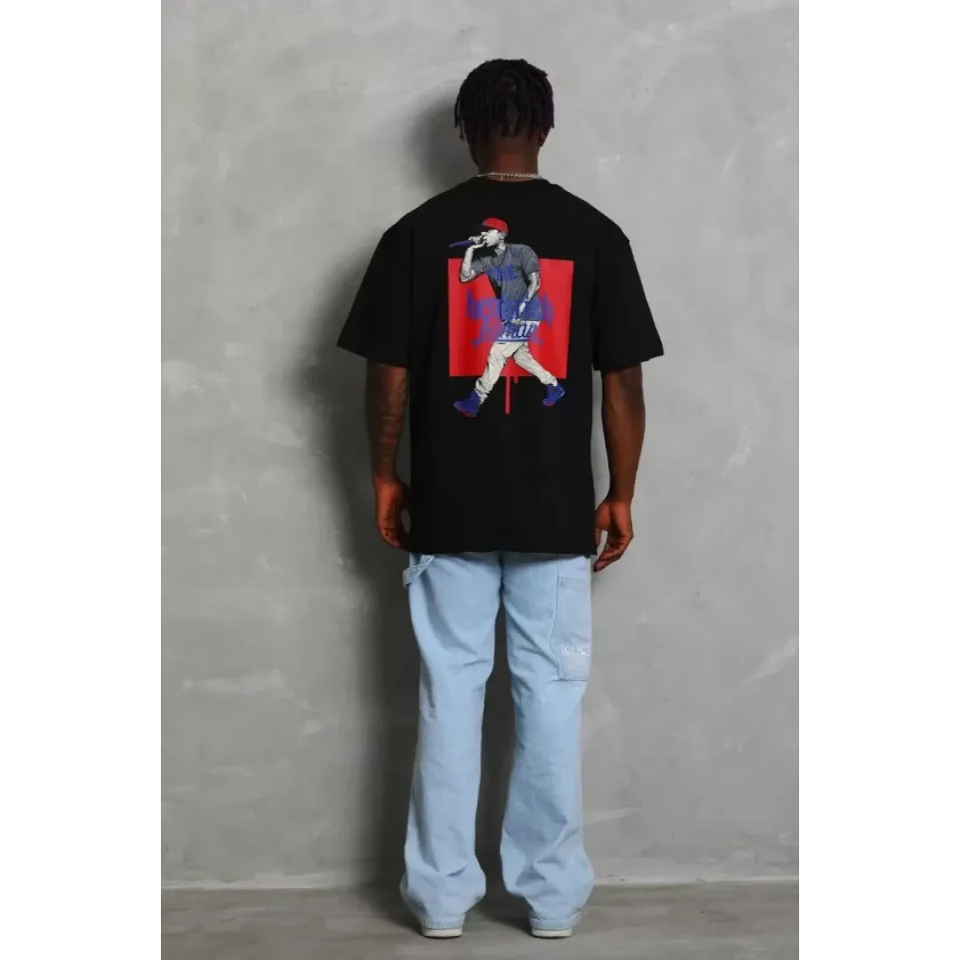 Unisex Oversize Baskılı Bisiklet Yaka T-Shirt - Siyah - 93218 Unisex Oversize Baskılı Bisiklet Yaka T-Shirt - Siyah - 93218