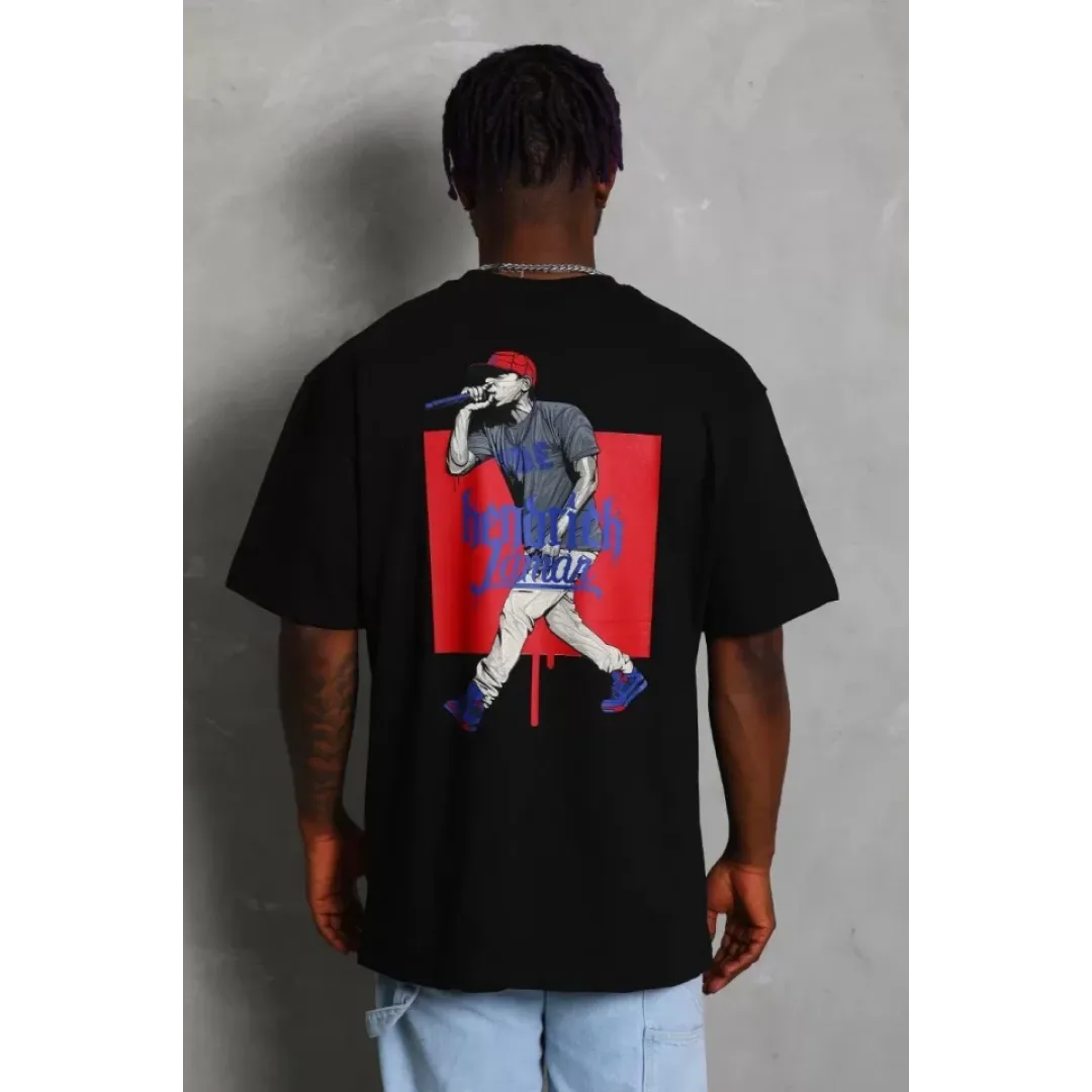 Unisex Oversize Baskılı Bisiklet Yaka T-Shirt - Siyah - 93218 Unisex Oversize Baskılı Bisiklet Yaka T-Shirt - Siyah - 93218