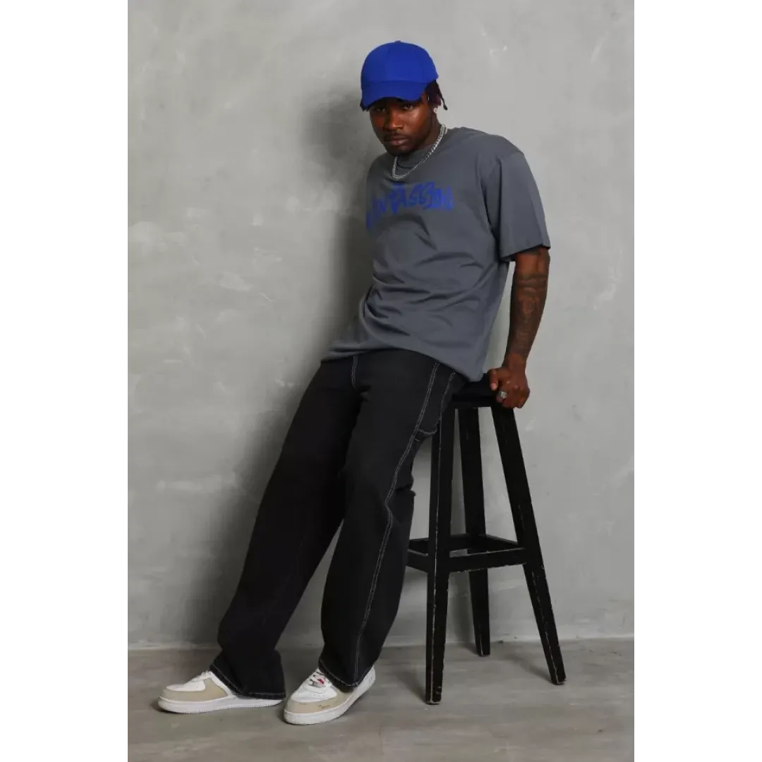Unisex Oversize Baskılı Bisiklet Yaka T-Shirt - Füme - 93219