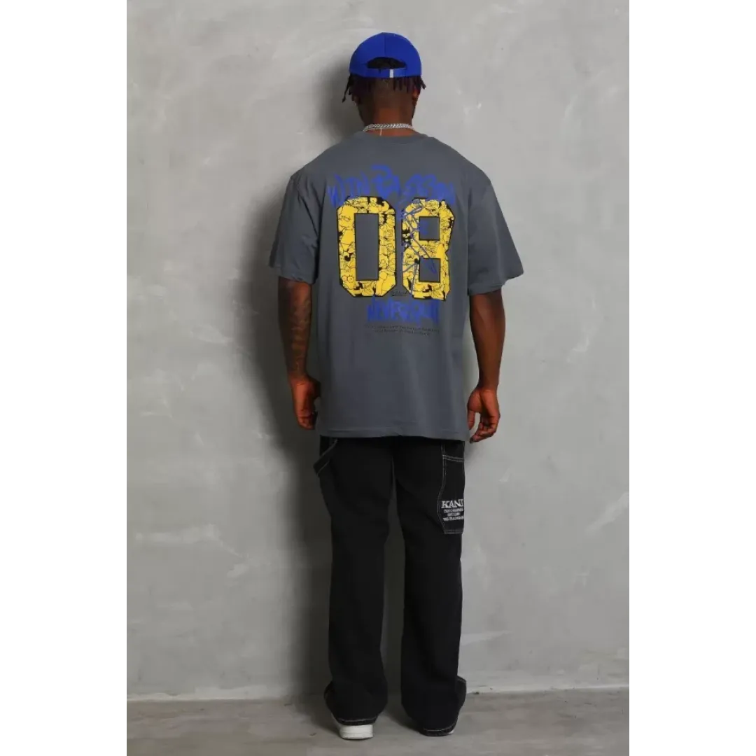 Unisex Oversize Baskılı Bisiklet Yaka T-Shirt - Füme - 93219